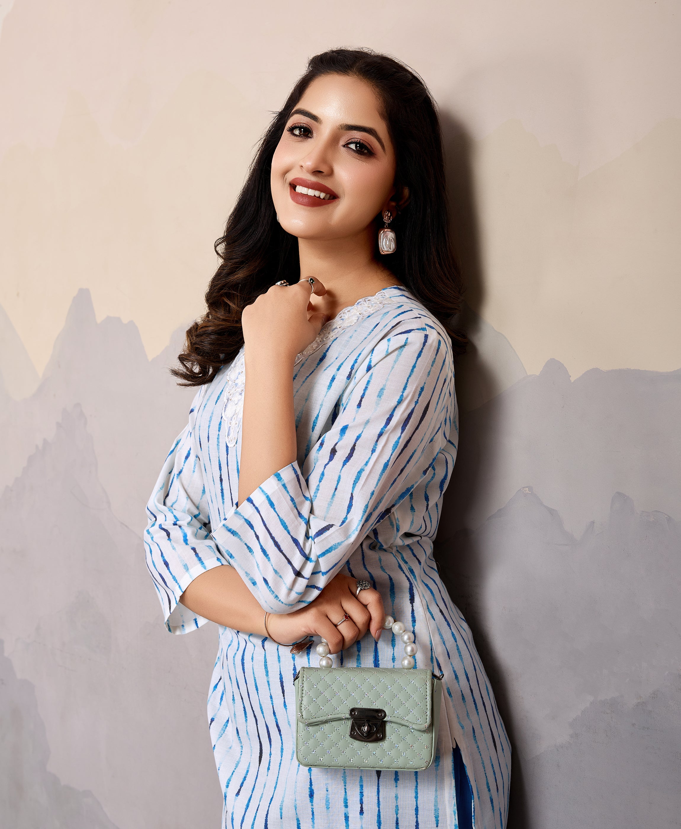 Her Couture Women's White Cotton Shibori | Striped Embellished Straight Kurta With Pant