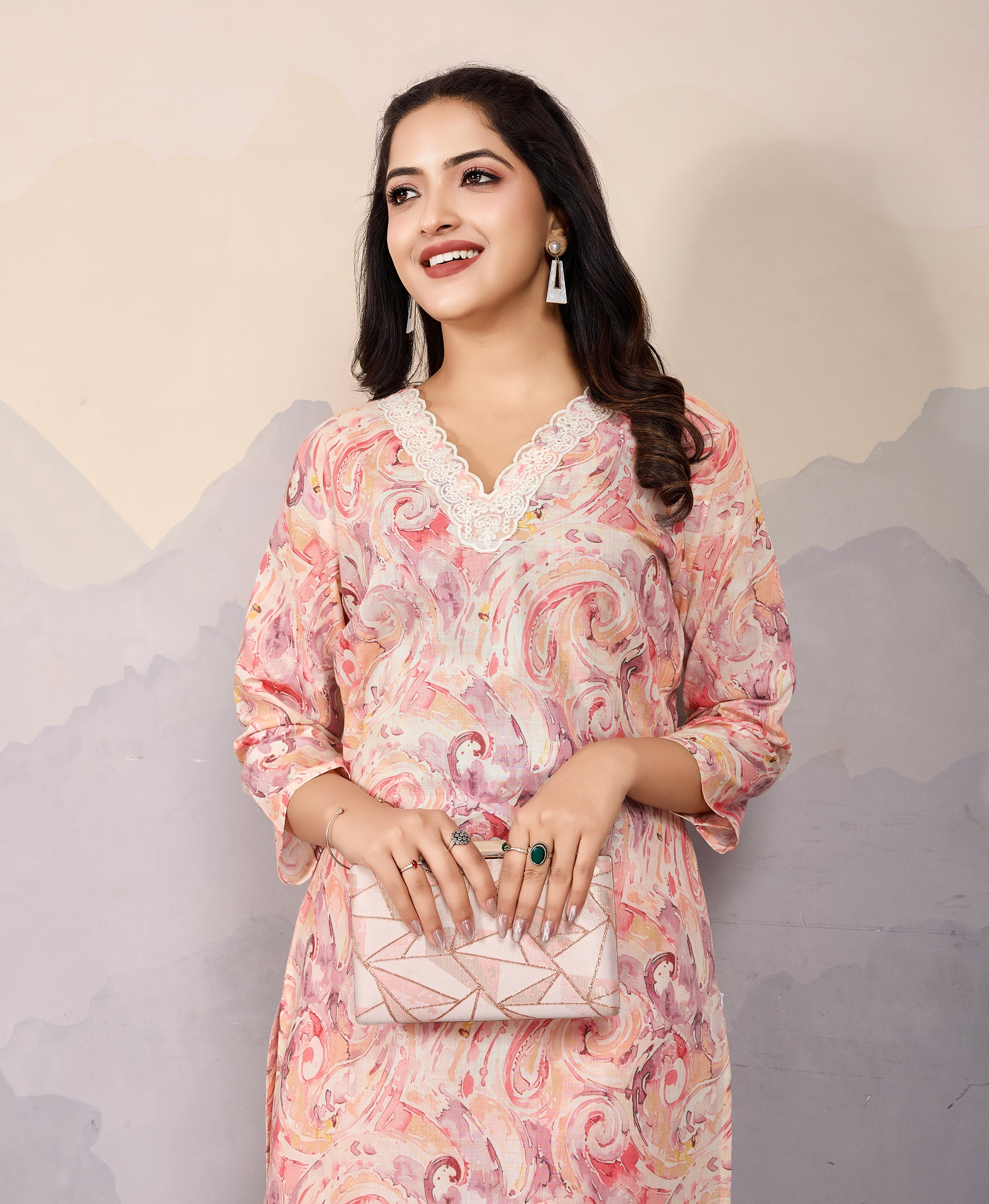 Her Couture Women's Peach Cotton Paisley Embellished Straight Kurta With Pant