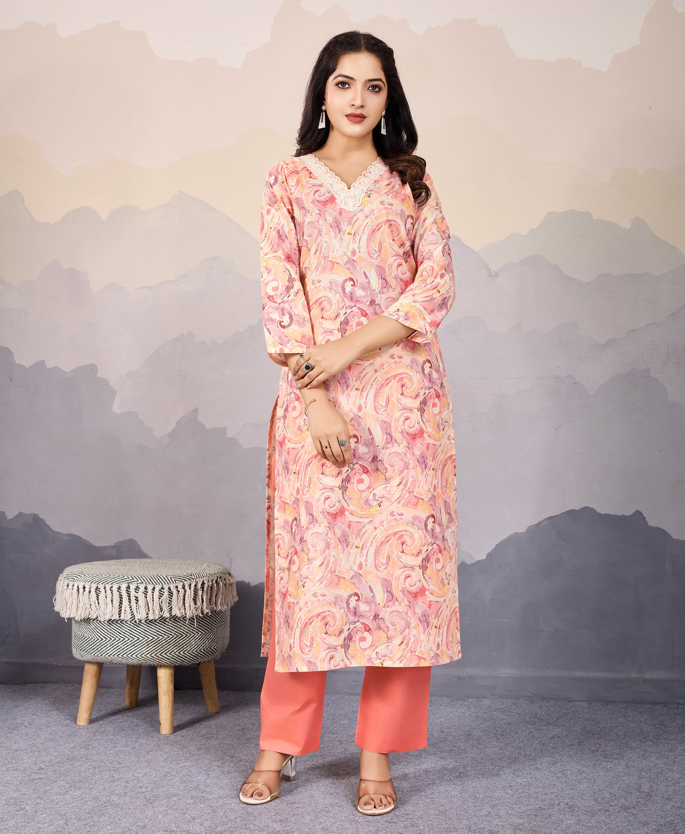 Peach Cotton Straight Causal Kurta Set by Her Couture
