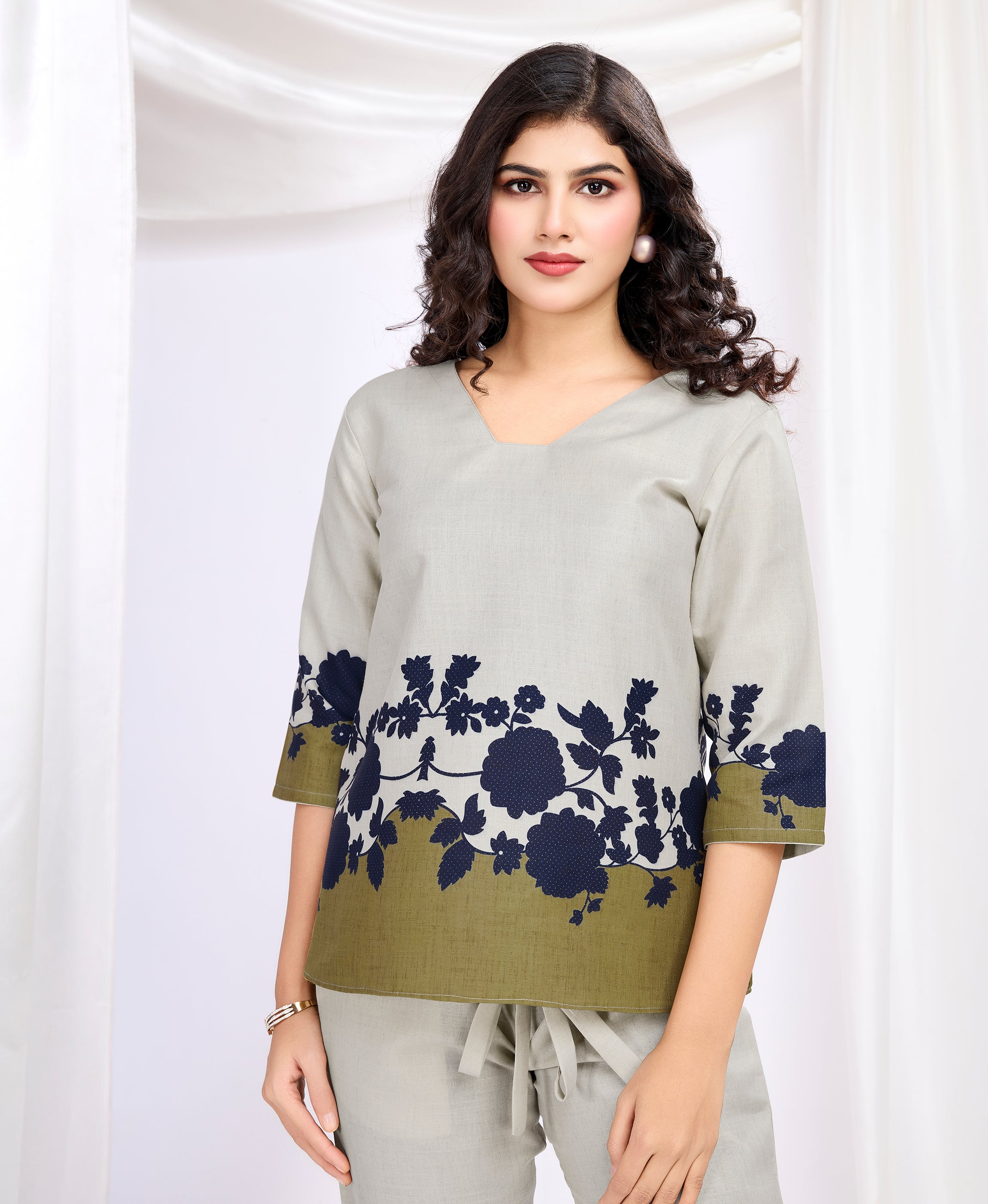 Her Couture Women's Ivory Linen Silk Floral Printed Causal Co-ord Set