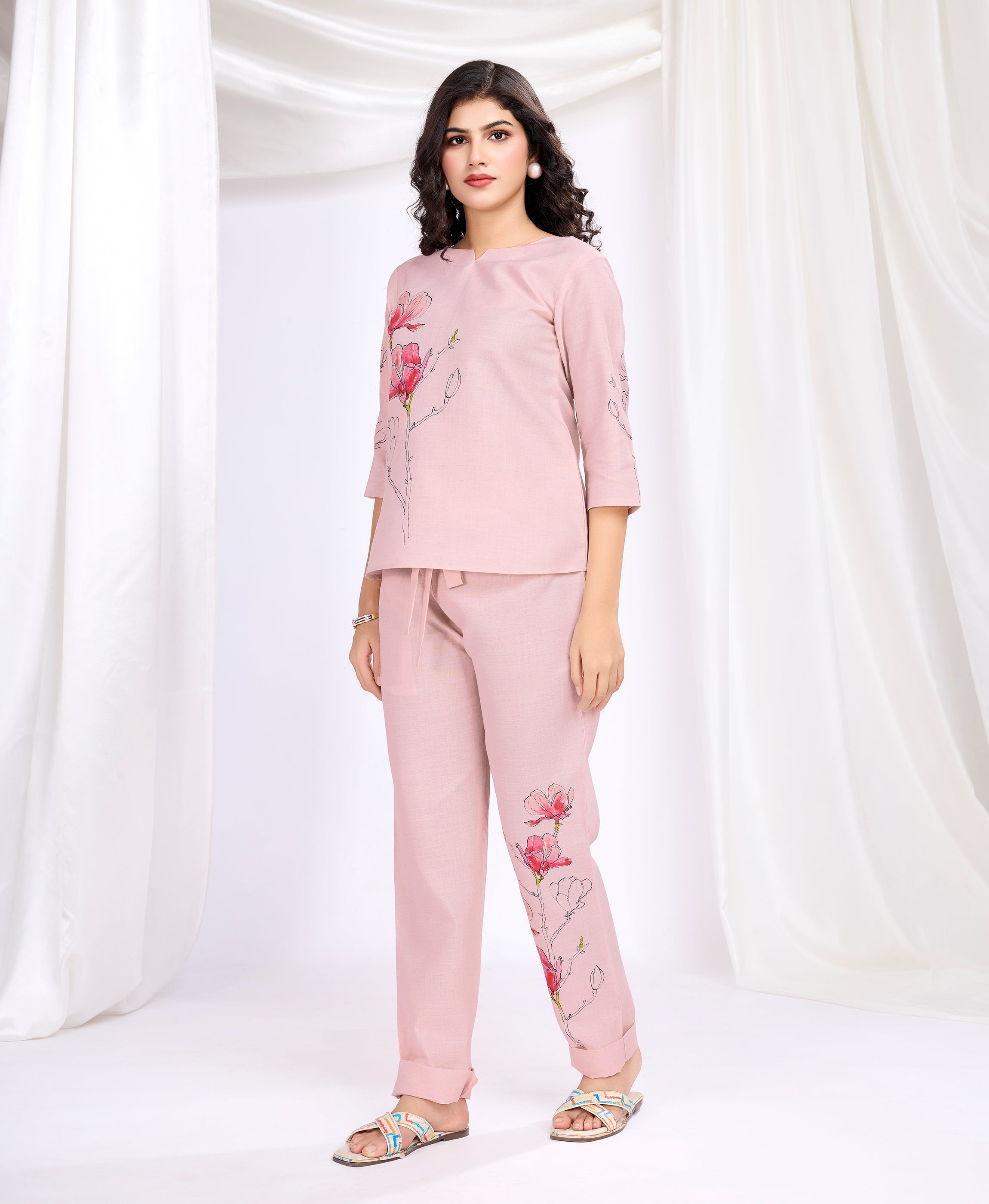 Her Couture Women's Pink Linen Silk Floral & Leaf Printed Causal Co-ord Set