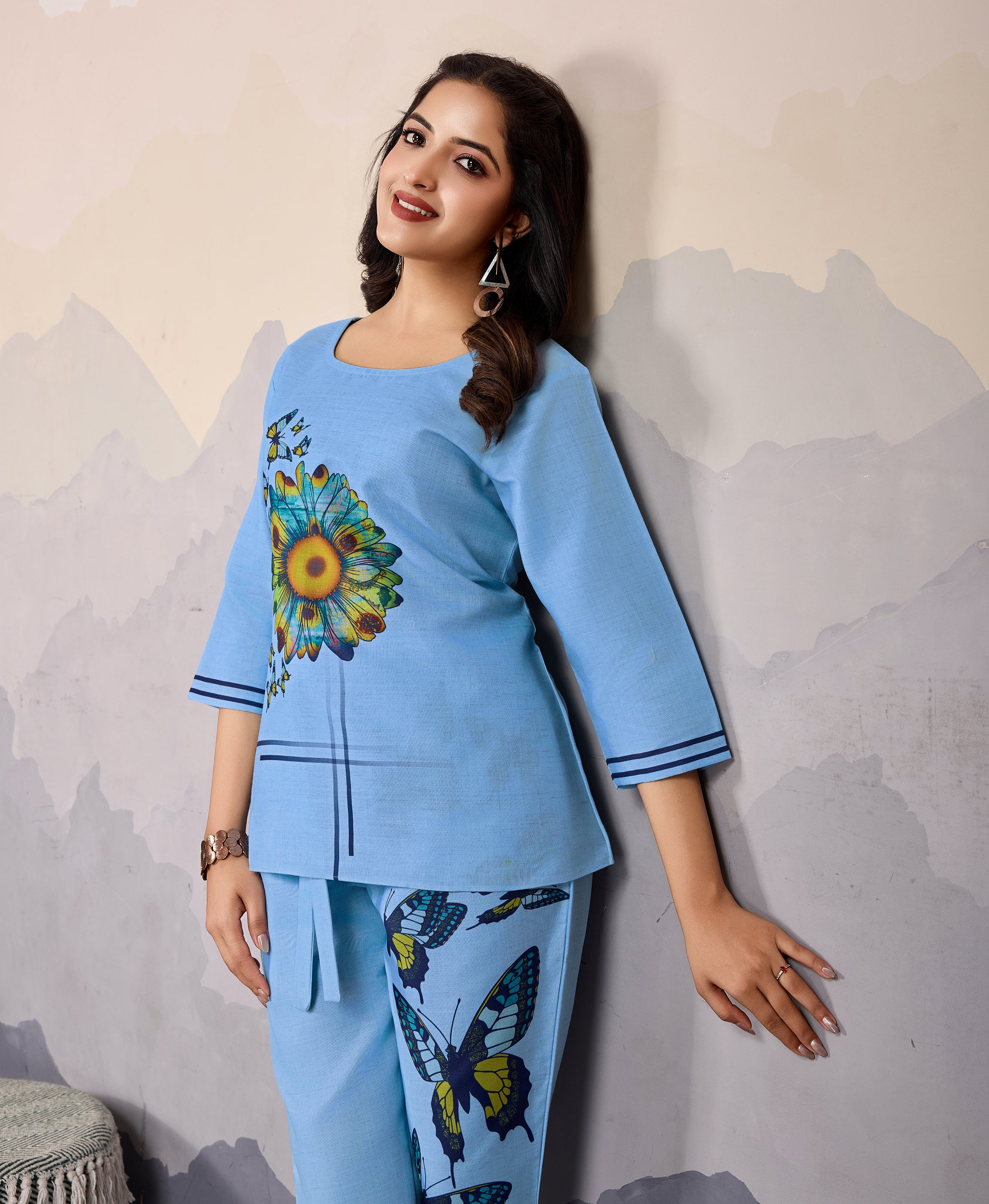 Her Couture Women's Sky Blue Linen Silk Butterfly Printed Causal Co-ord Set