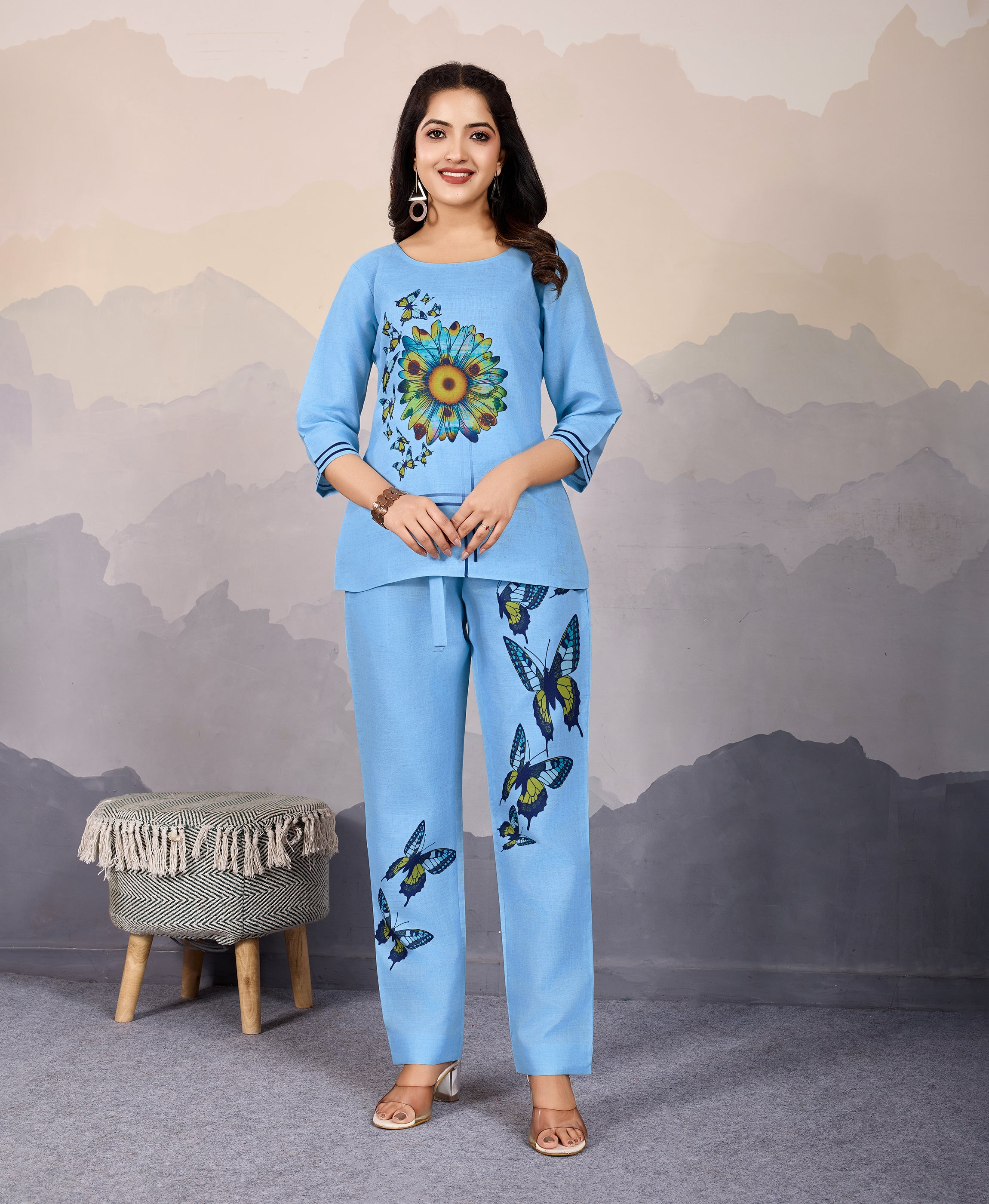Sky Blue Linen Silk Causal Co-ord Set By Her Couture