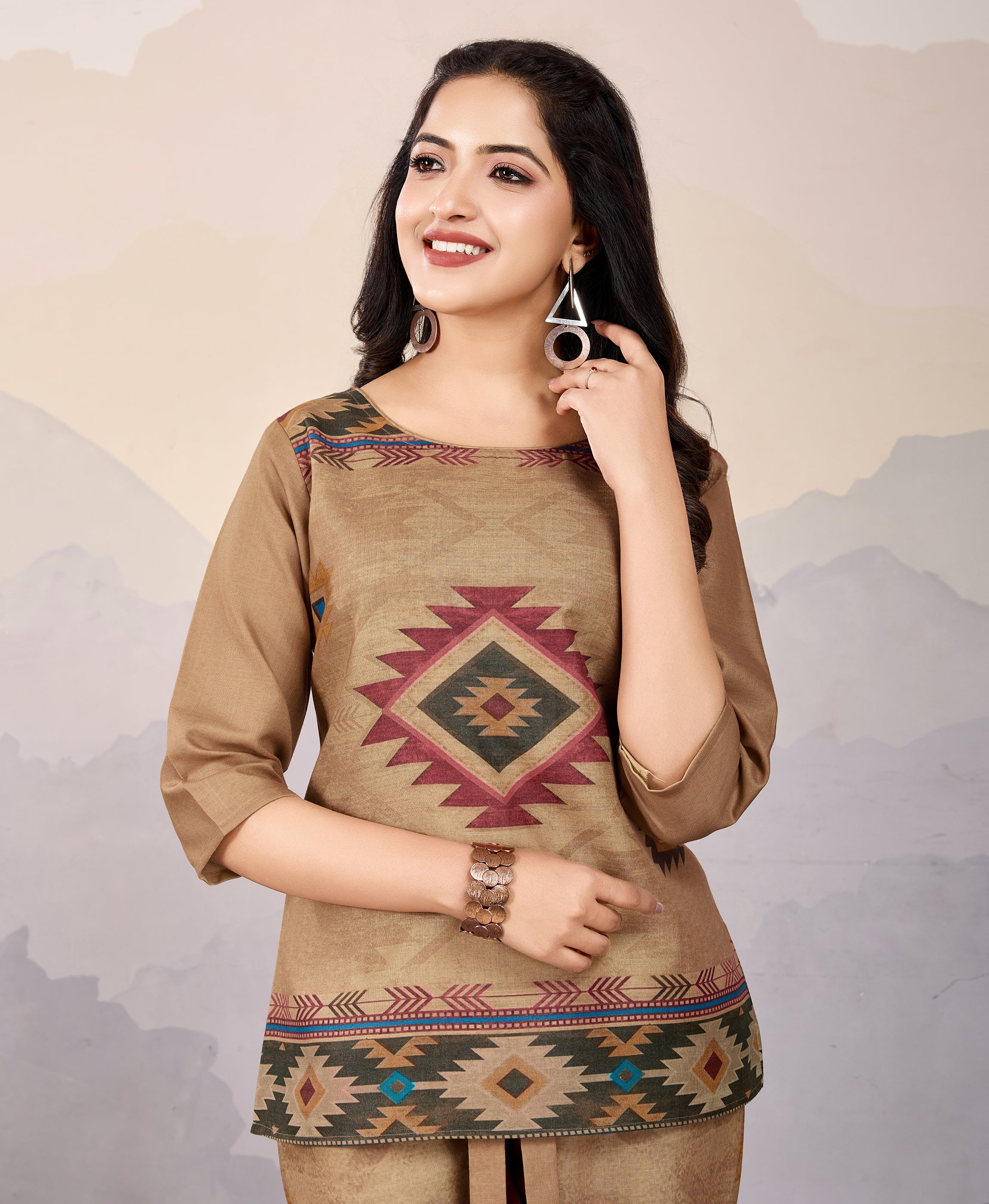 Her Couture Women's Bronze Linen Silk Geometric Printed Causal Co-ord Set
