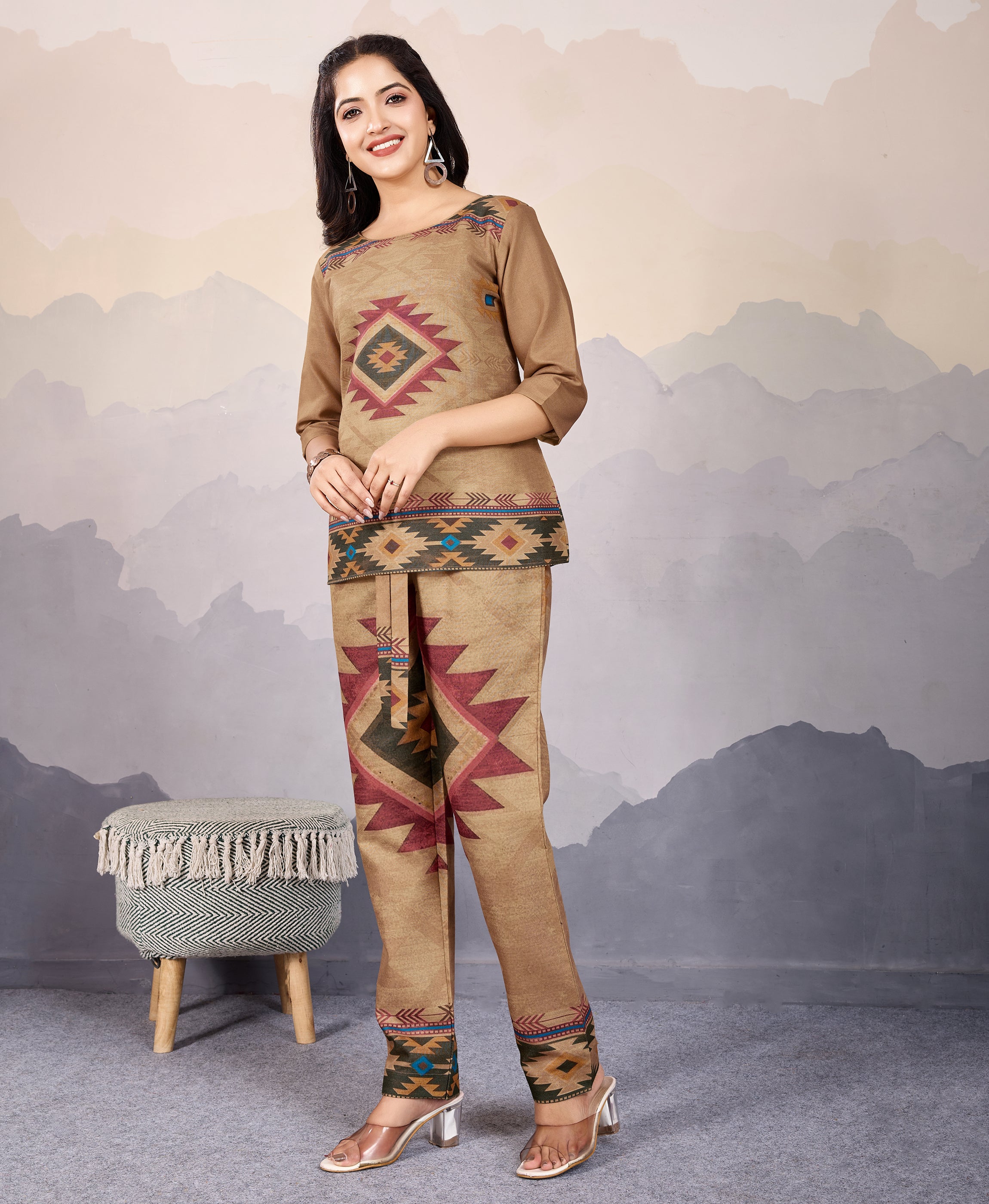 Her Couture Women's Bronze Linen Silk Geometric Printed Causal Co-ord Set