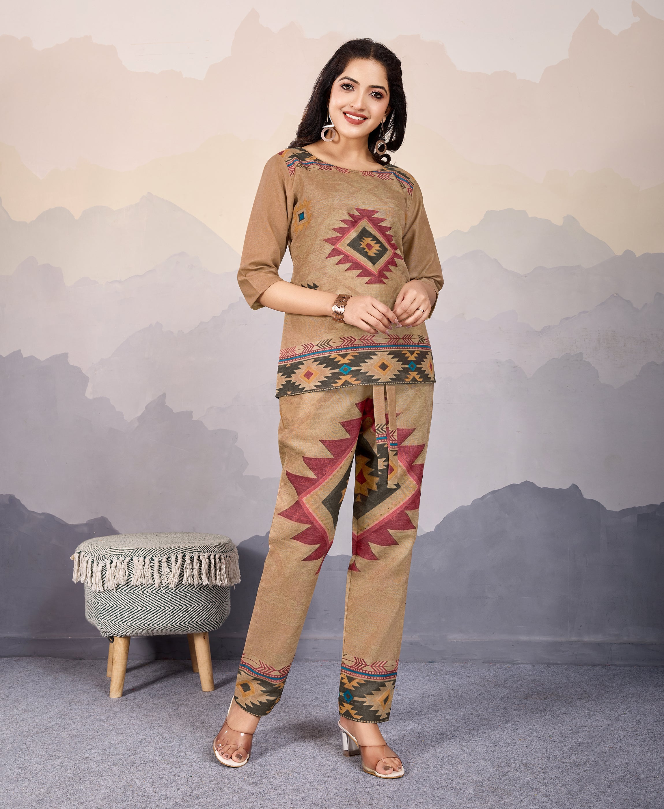Her Couture Women's Bronze Linen Silk Geometric Printed Causal Co-ord Set