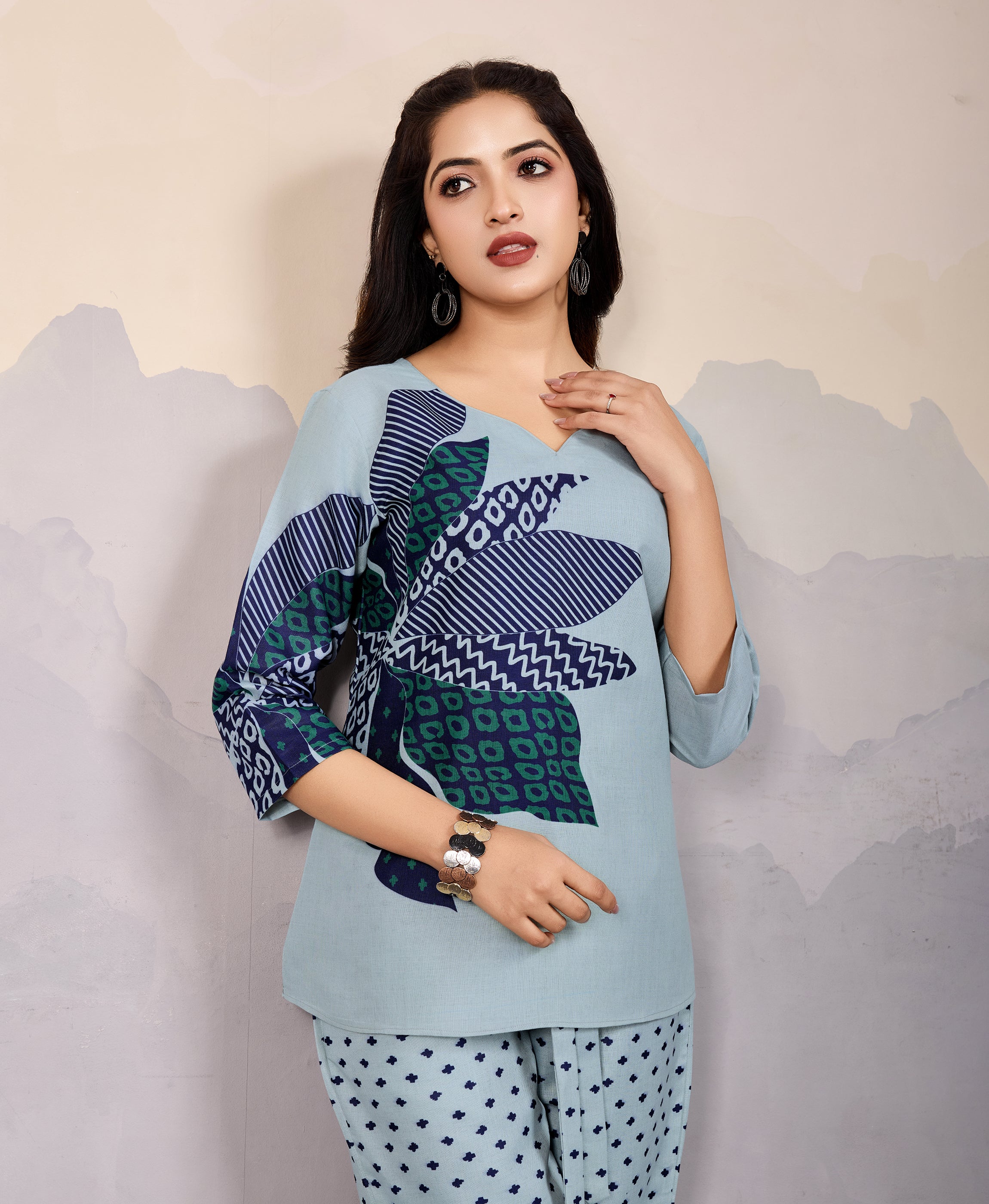 Her Couture Women's Grey Linen Silk Floral Printed Causal Co-ord Set