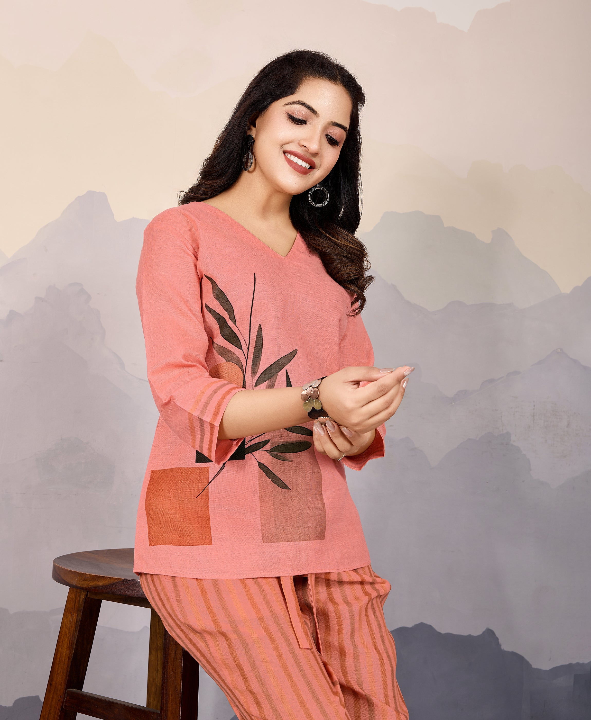 Her Couture Women's Peach Linen Silk Leaf Printed Causal Co-ord Set
