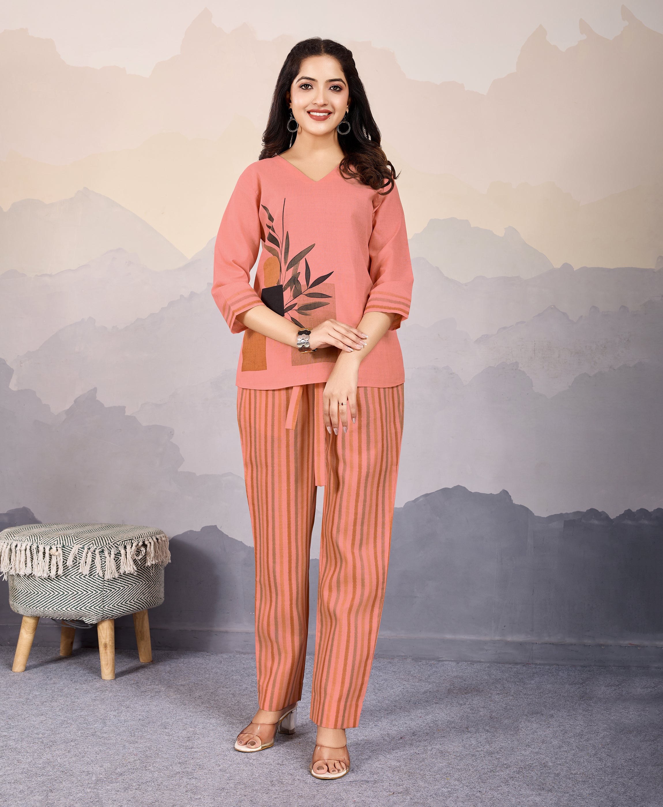 Peach Linen Silk Causal Co-ord Set By Her Couture