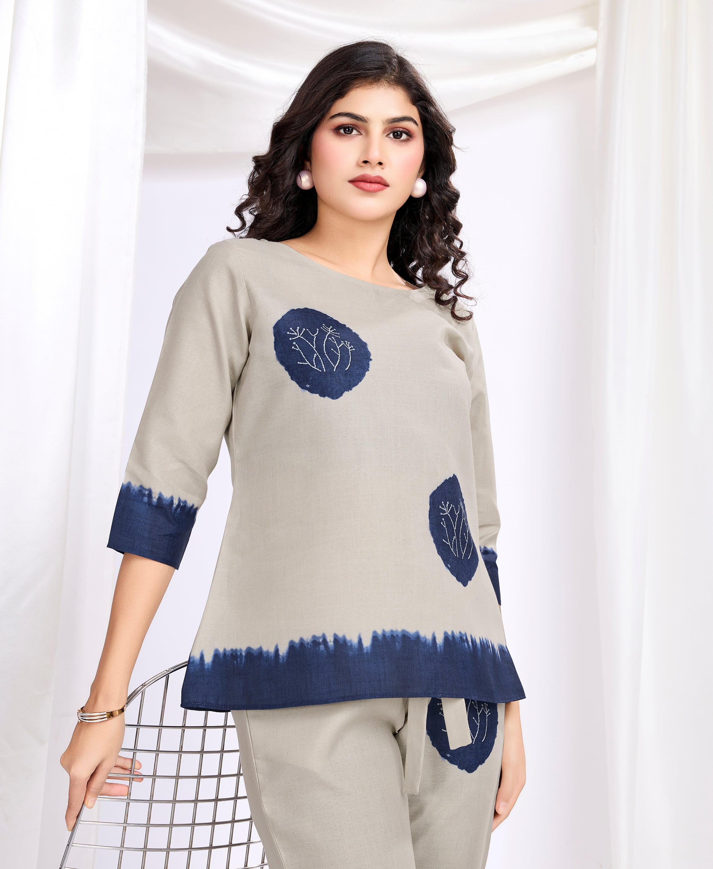 Her Couture Women's Khaki Linen Silk Shibori Printed Causal Co-ord Set