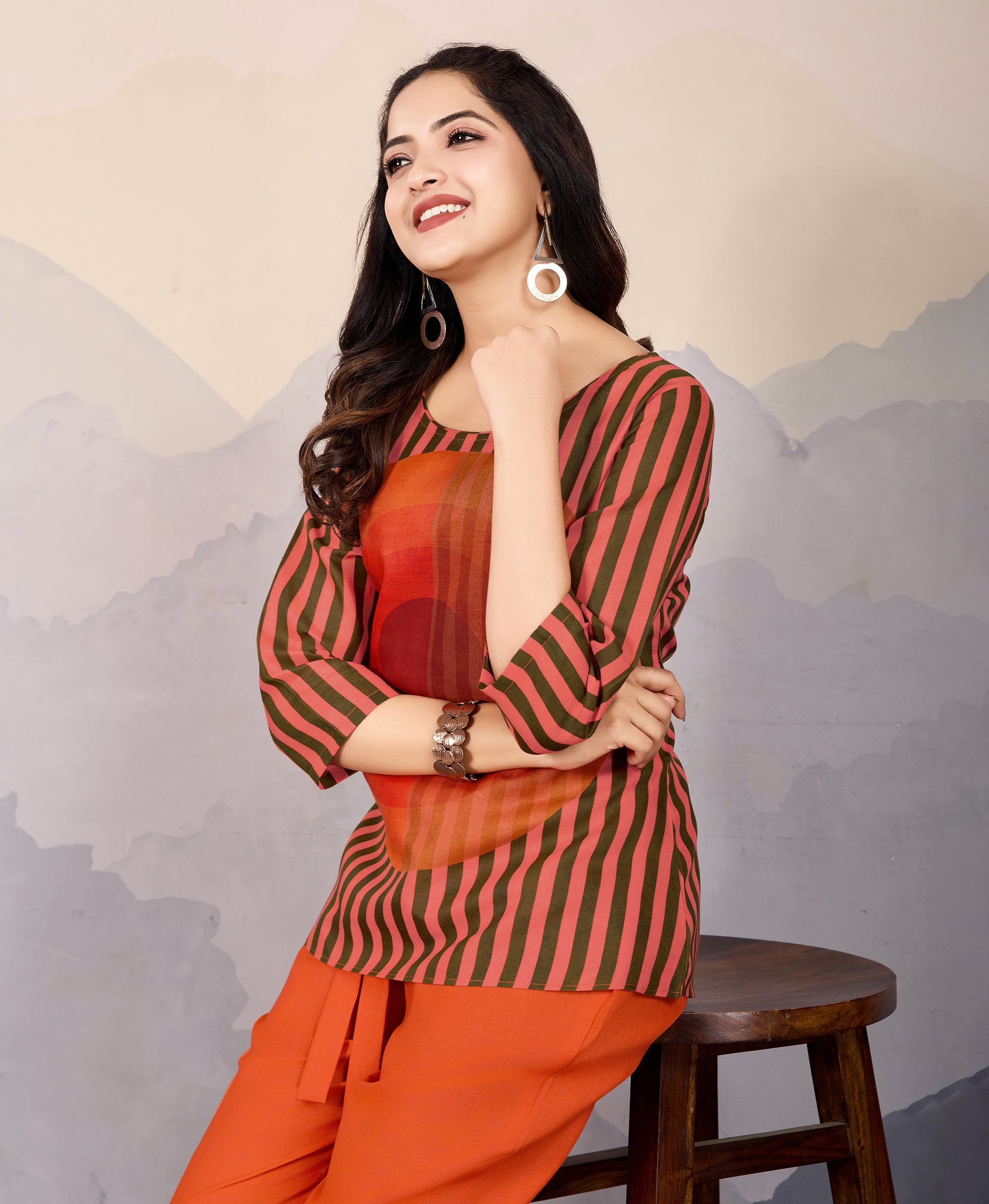 Her Couture Women's Orange Linen Silk Stripes Printed Causal Co-ord Set