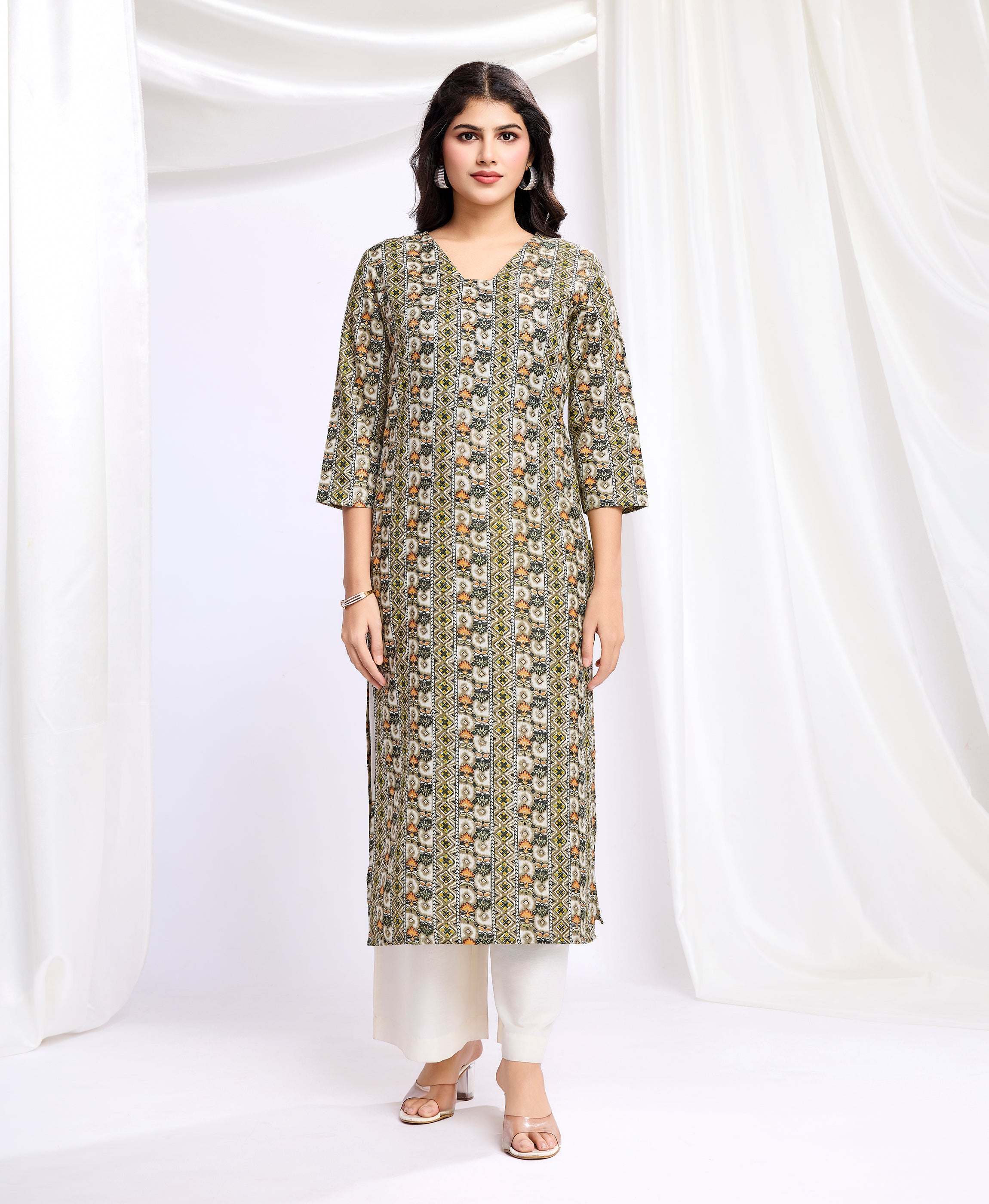 Olive Green Linen Silk Geometric Printed Casual Kurta by Her Couture