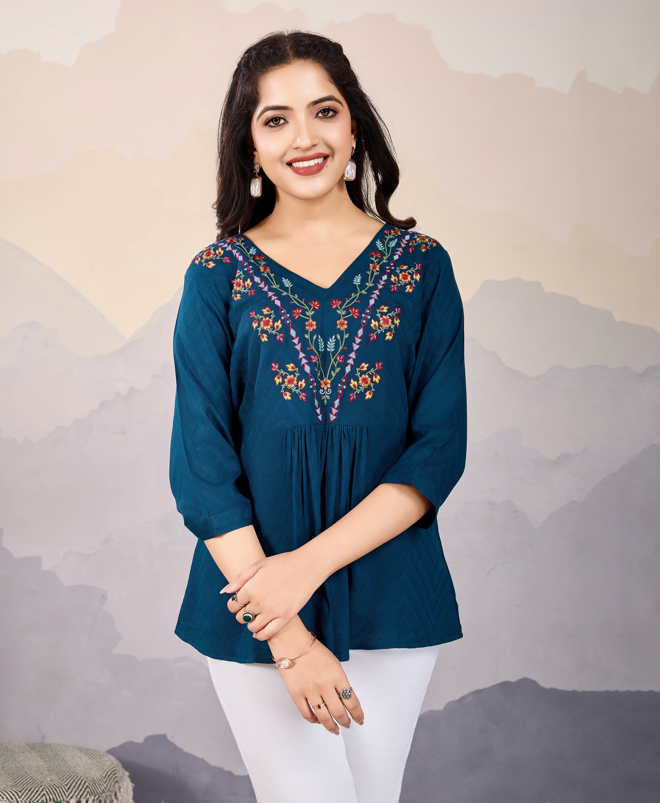 Her Couture Women's Teal Pure Viscose Floral Embroidered A-line Top