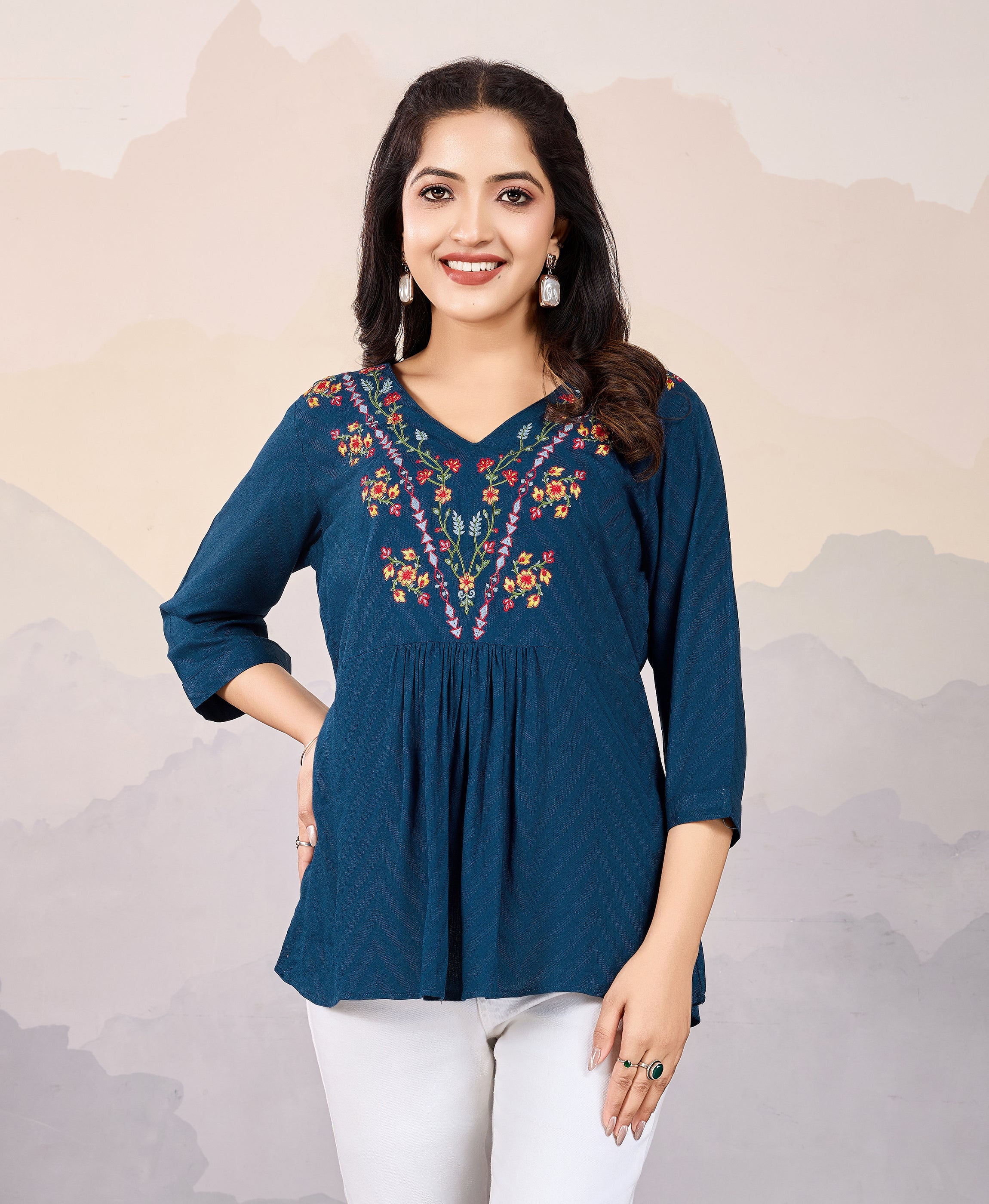 Teal Viscose V-Neck Floral Embroidered Top by Her Couture