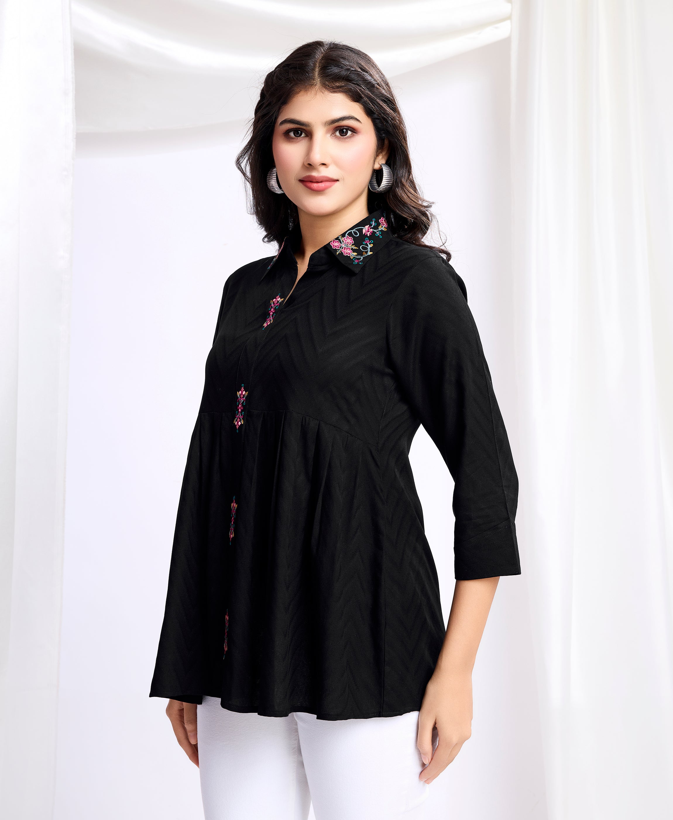 Her Couture Women's Black Pure Viscose Floral Embroidered Shirt Style Top