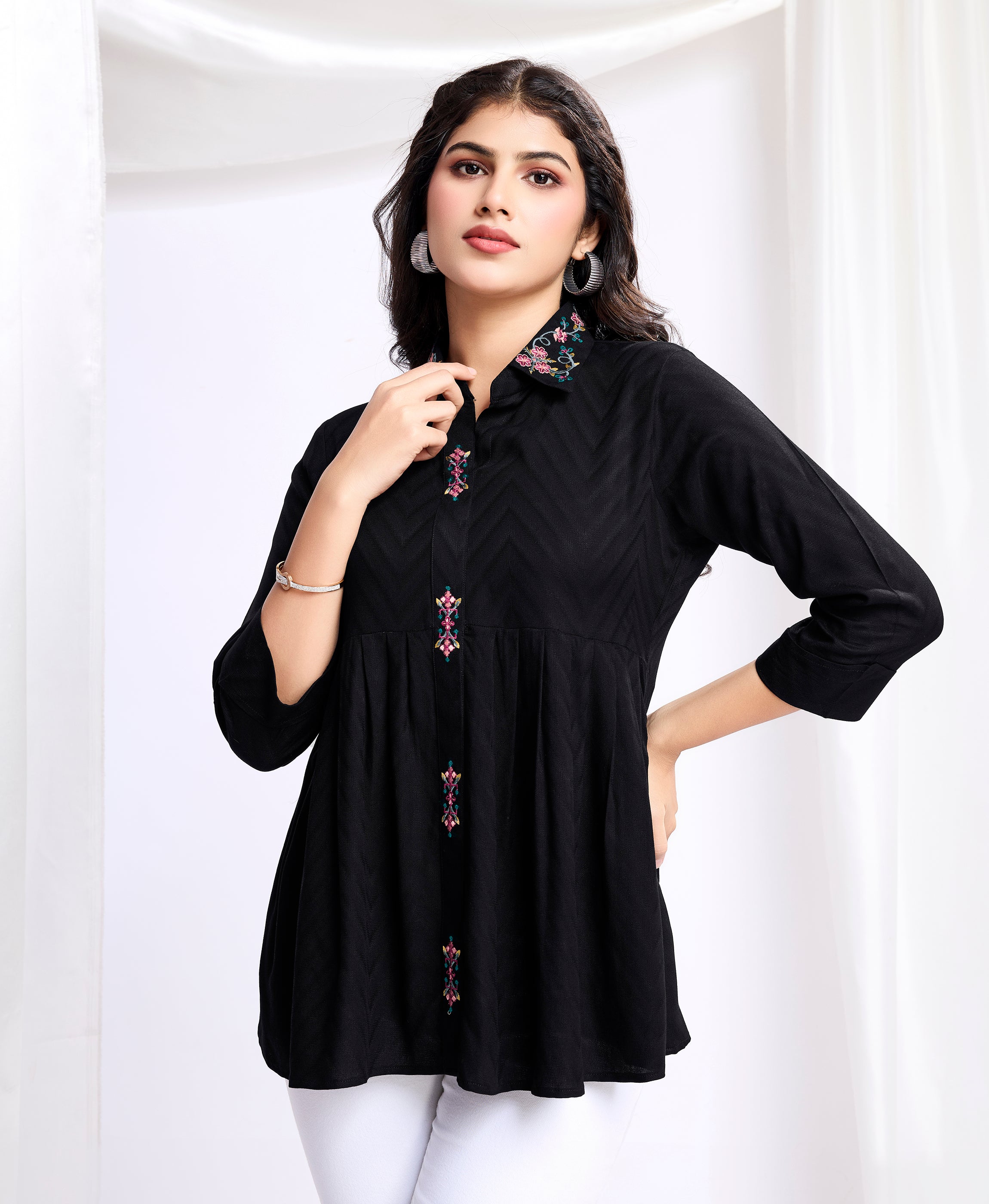 Black Viscose Shirt Collar Floral Embroidered Top by Her Couture