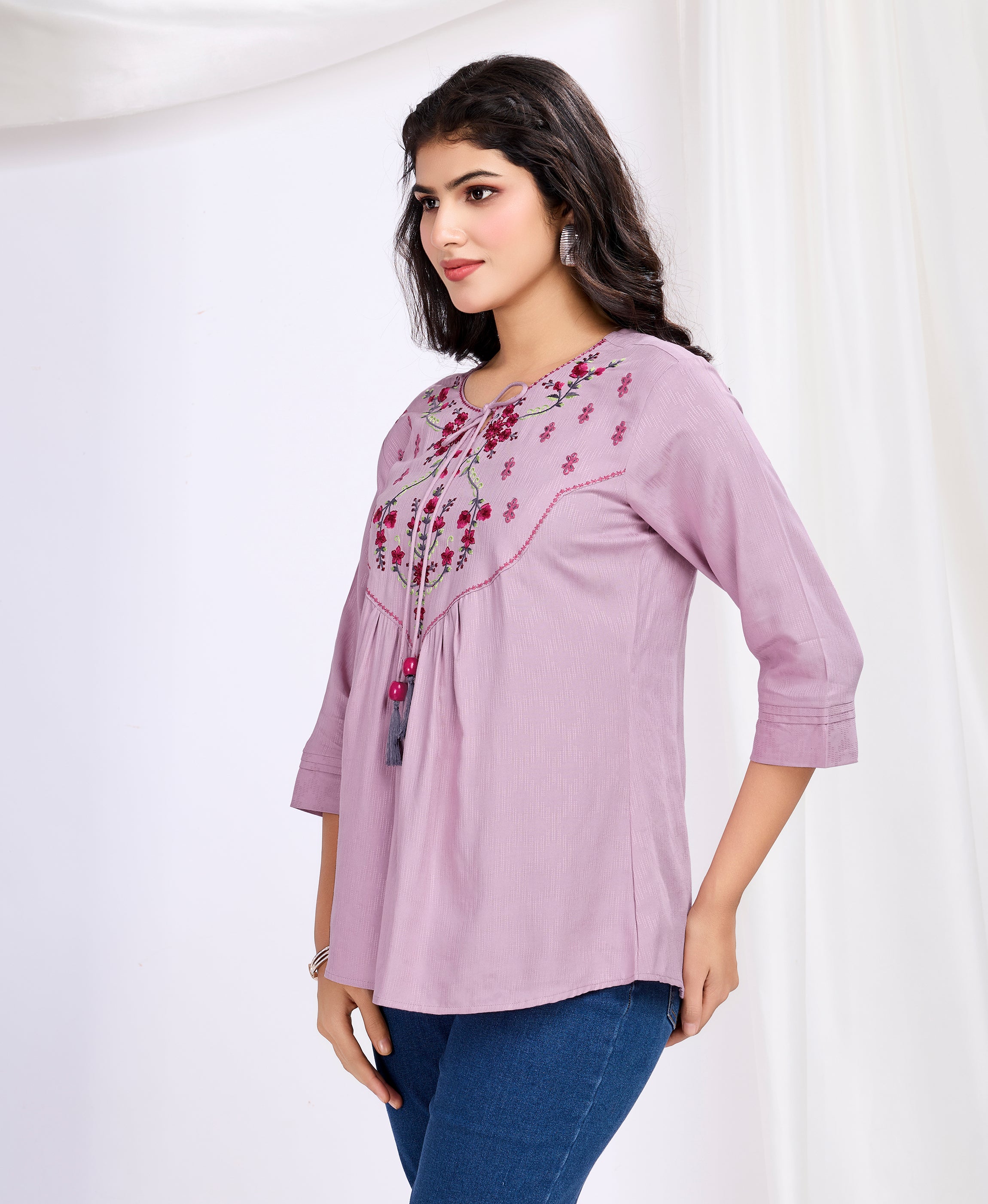 Her Couture Women's Mauve Pure Viscose Floral Embroidered A-line Top