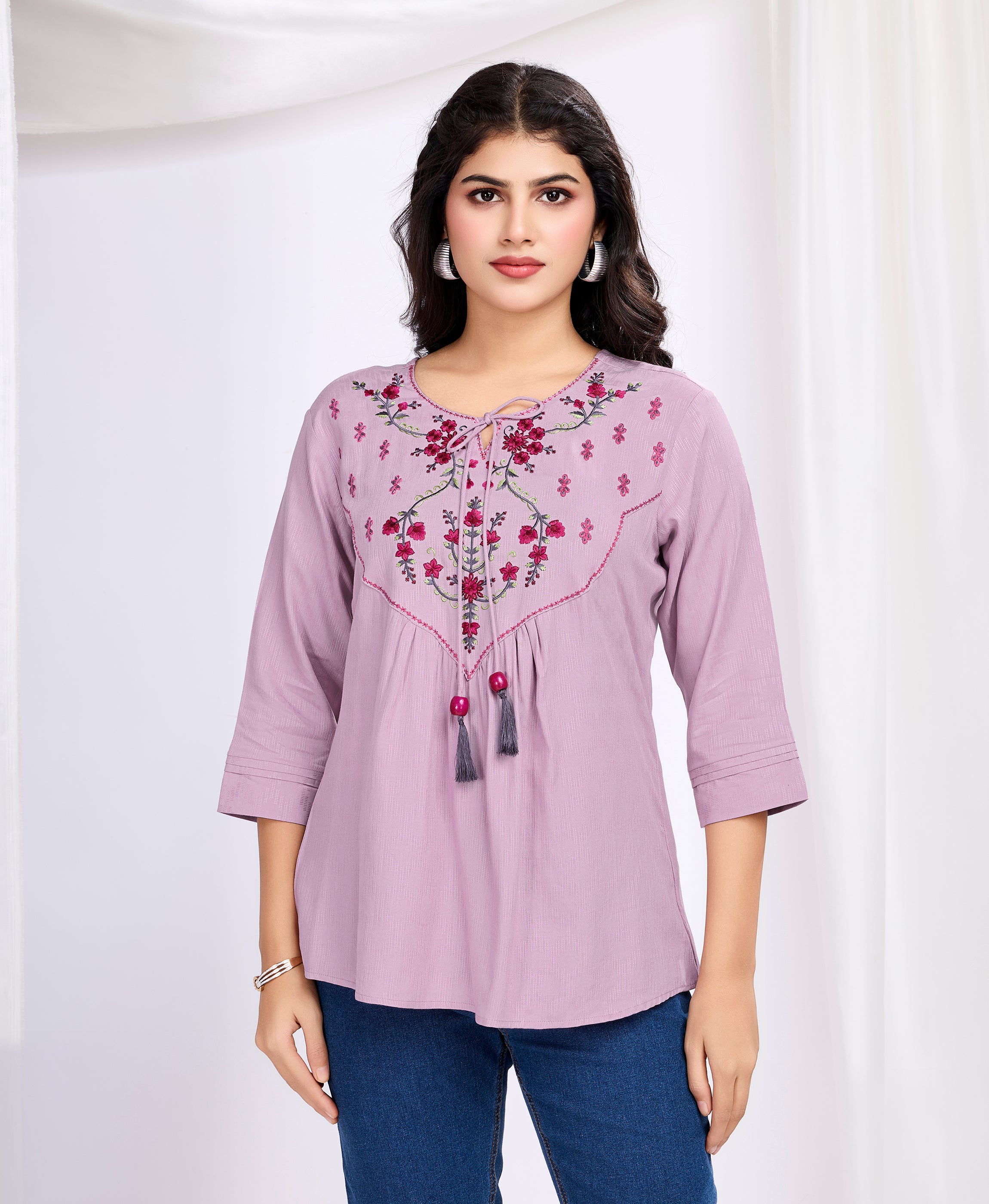 Mauve Viscose Tie-up Neck Floral Embroidered Top by Her Couture