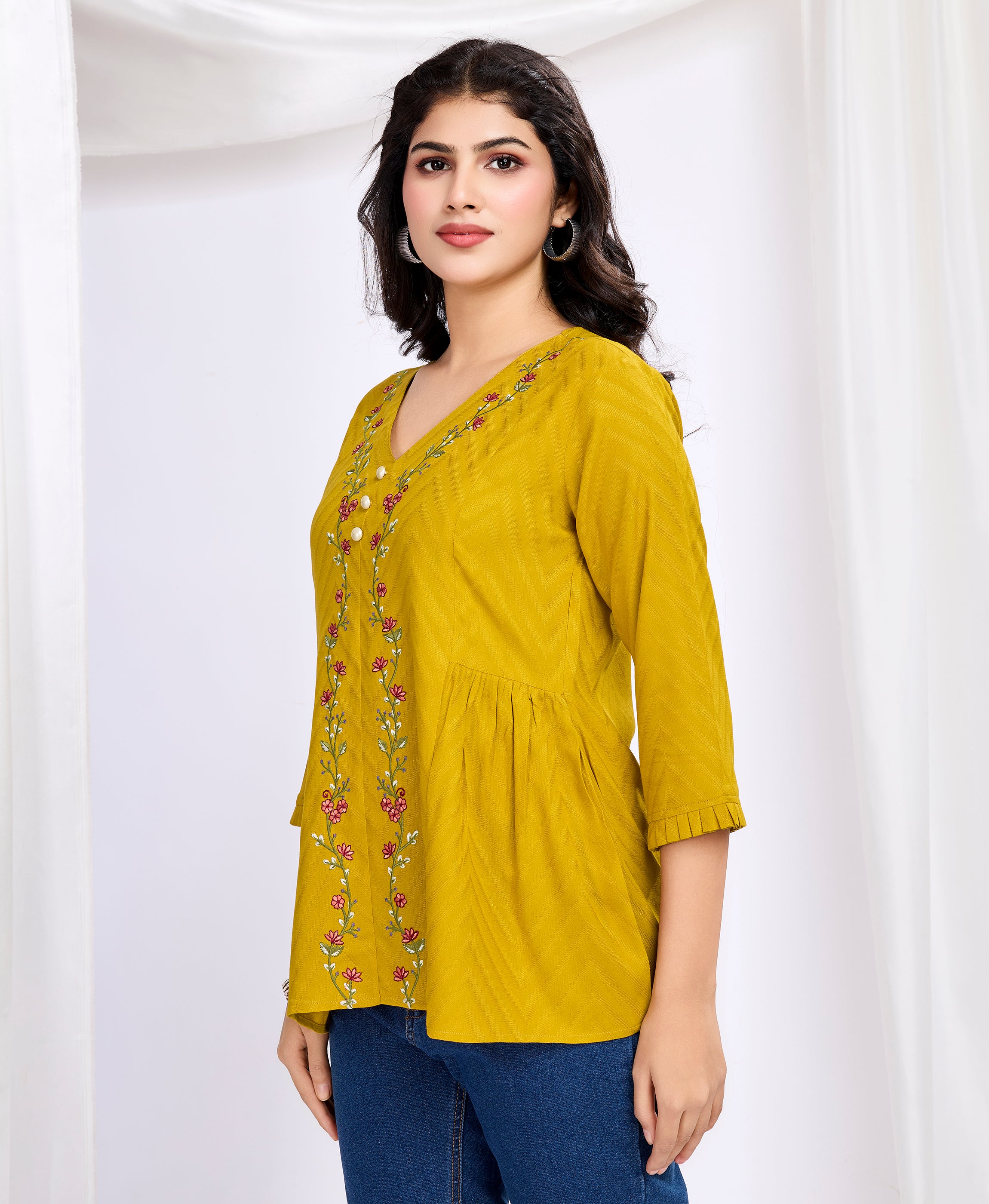 Her Couture Women's Mustard Pure Viscose Floral Embroidered A-line Top
