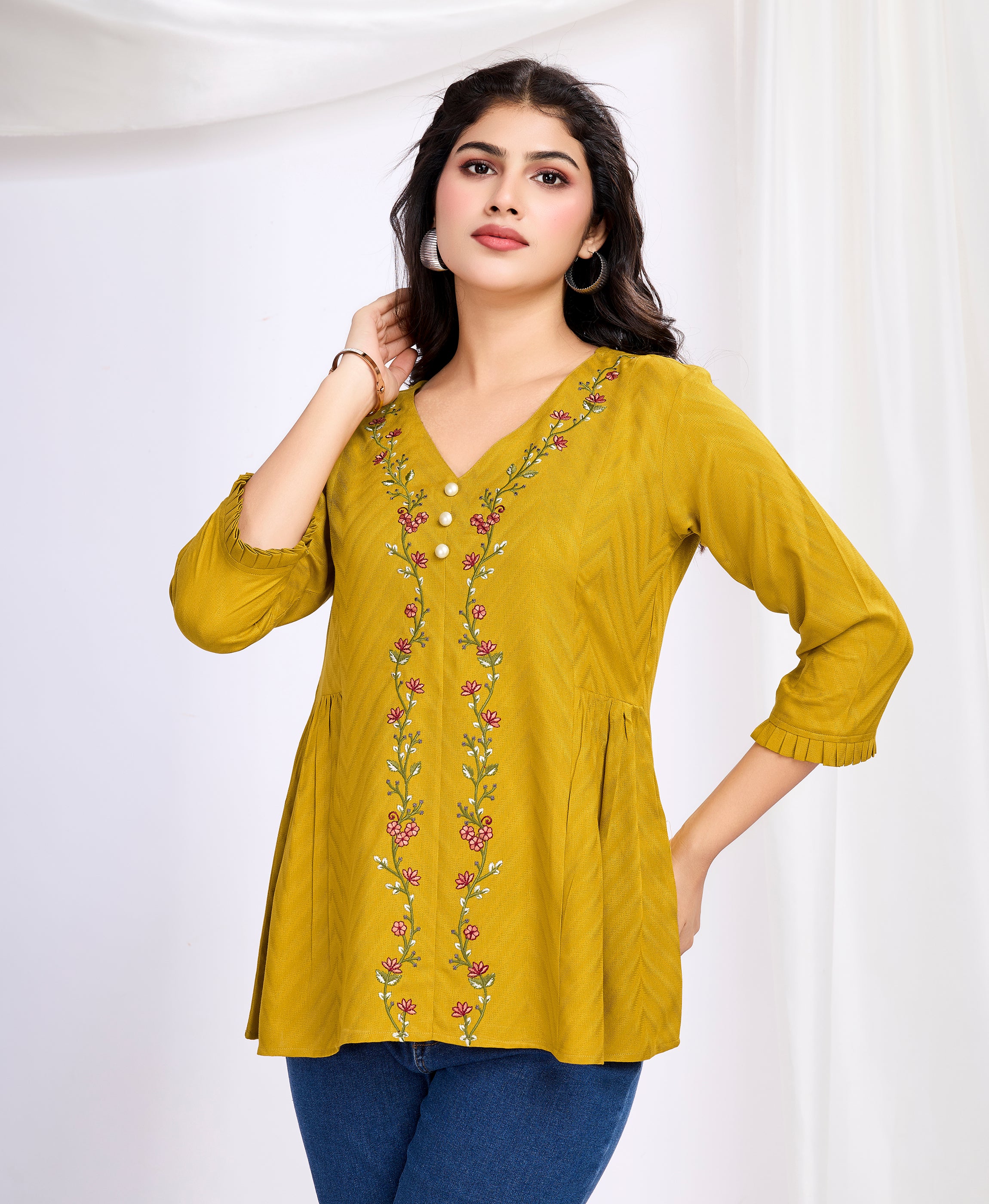 Mustard Viscose V-Neck Floral Embroidered Top by Her Couture