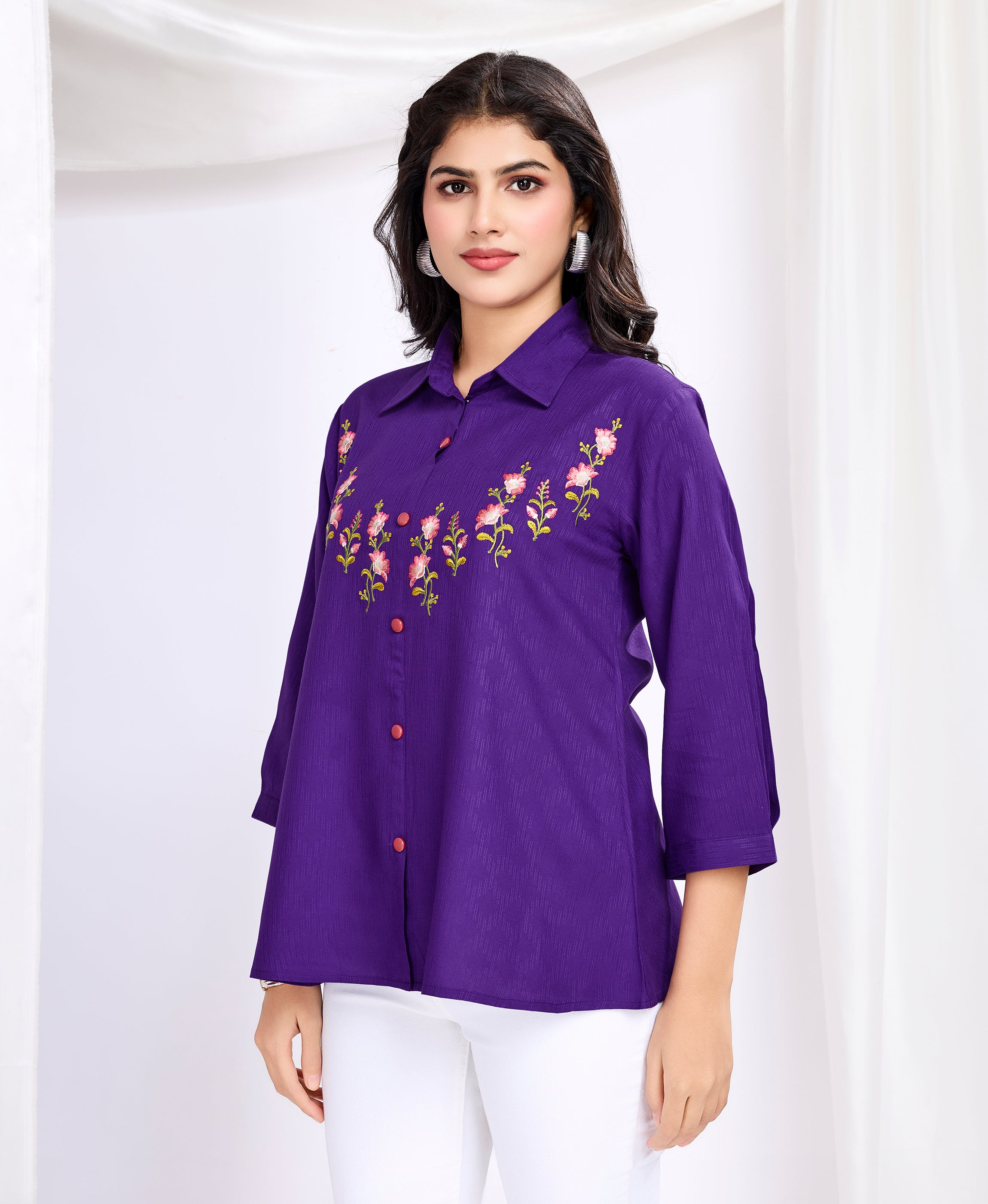 Her Couture Women's Purple Pure Viscose Floral Embroidered Shirt Style Top