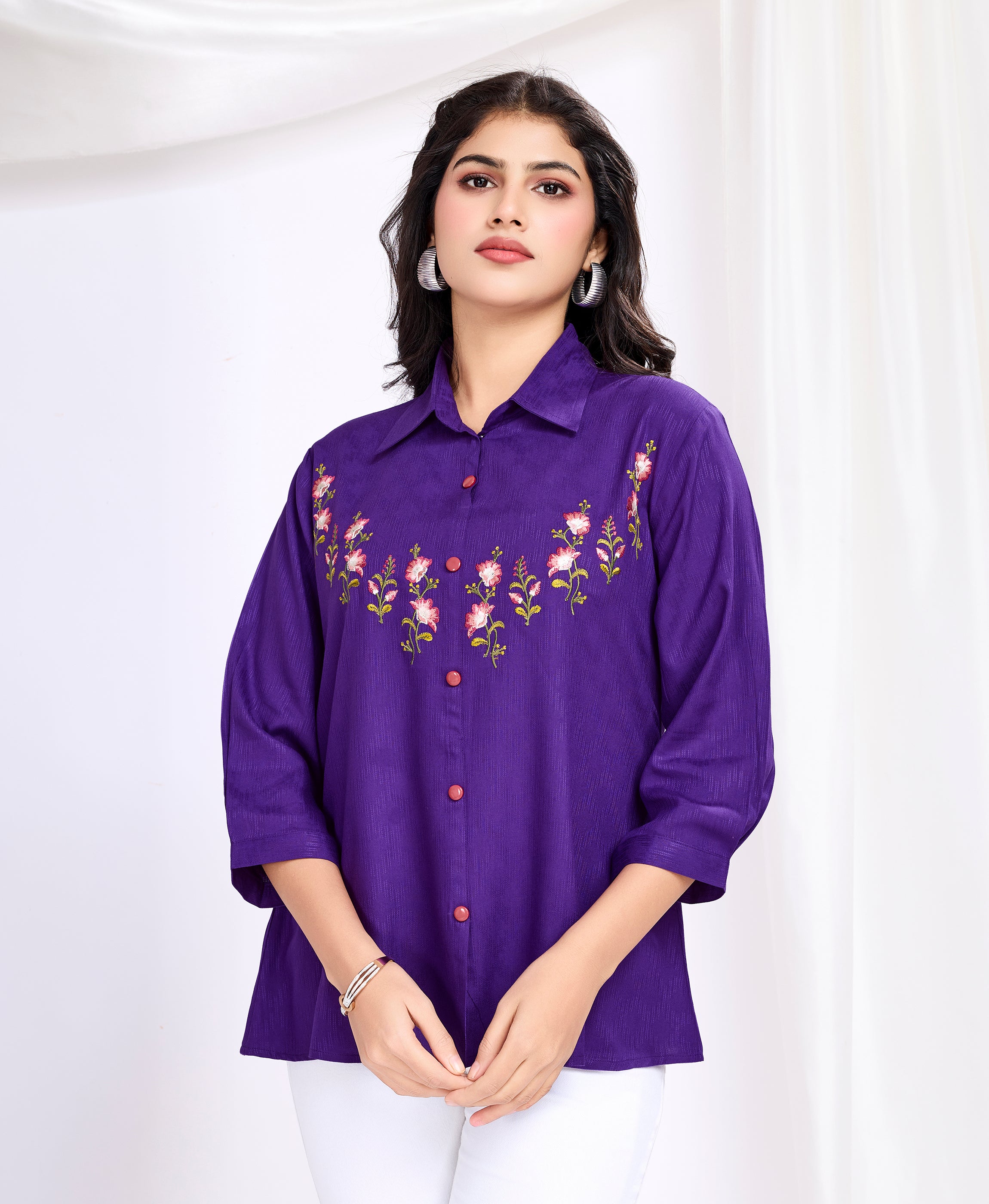 Purple Viscose Shirt Collar Floral Embroidered Top by Her Couture