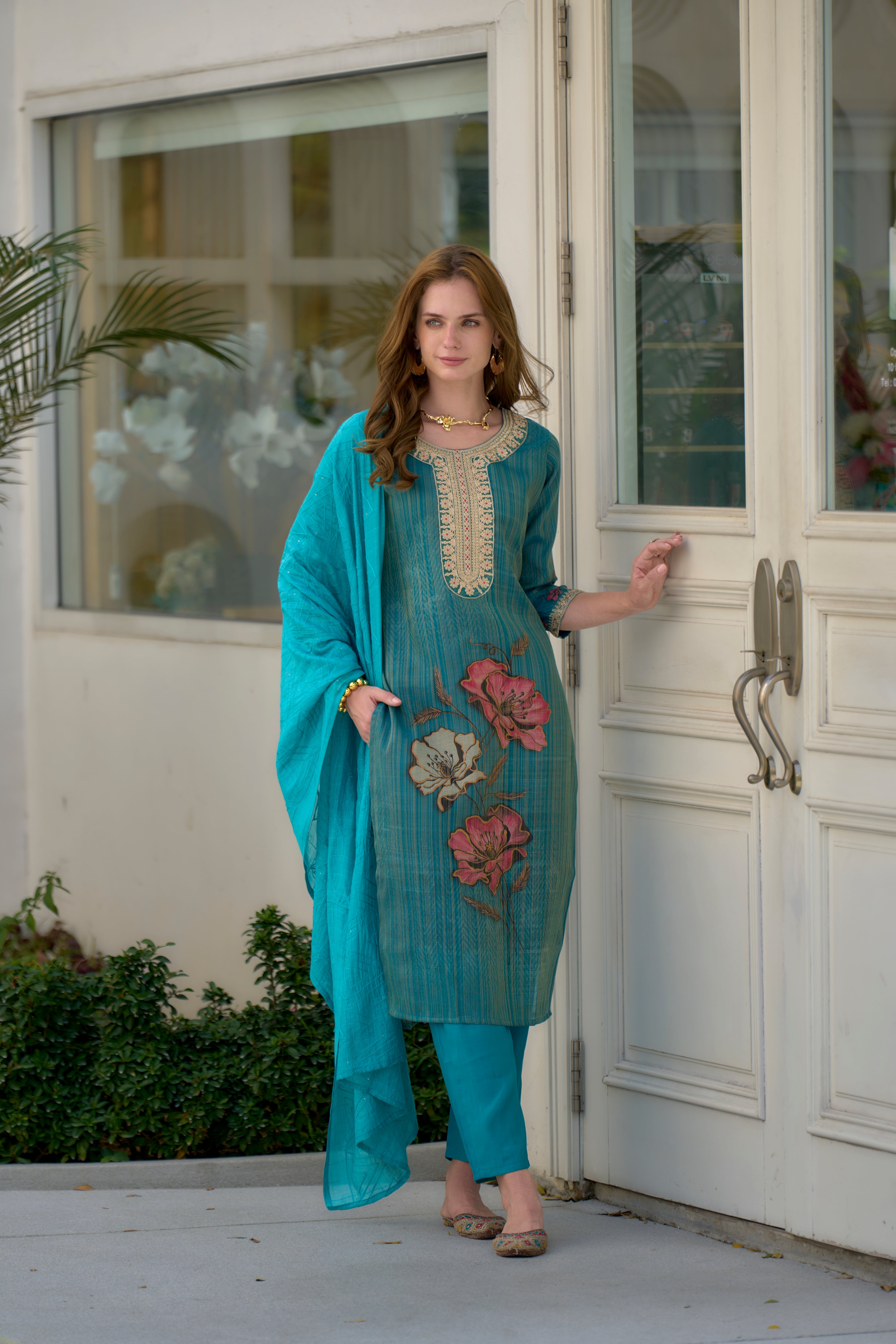 Turquoise Blue Tissue Silk Straight Festive & Party Kurta Set by Her Couture