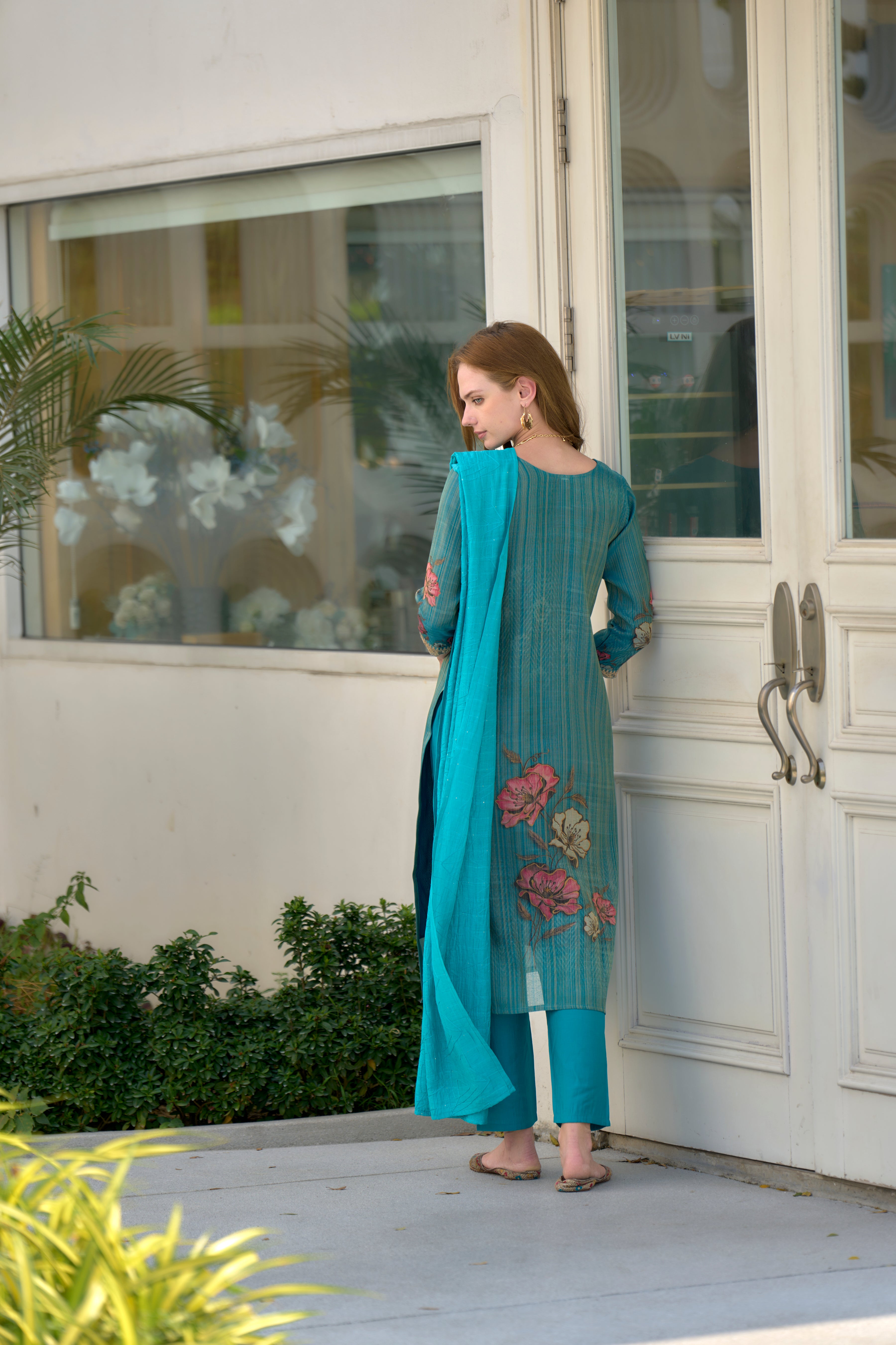 Her Couture Women's Turquoise Blue Tissue Silk Embroidered Straight Kurta With Pant & Printed Dupatta