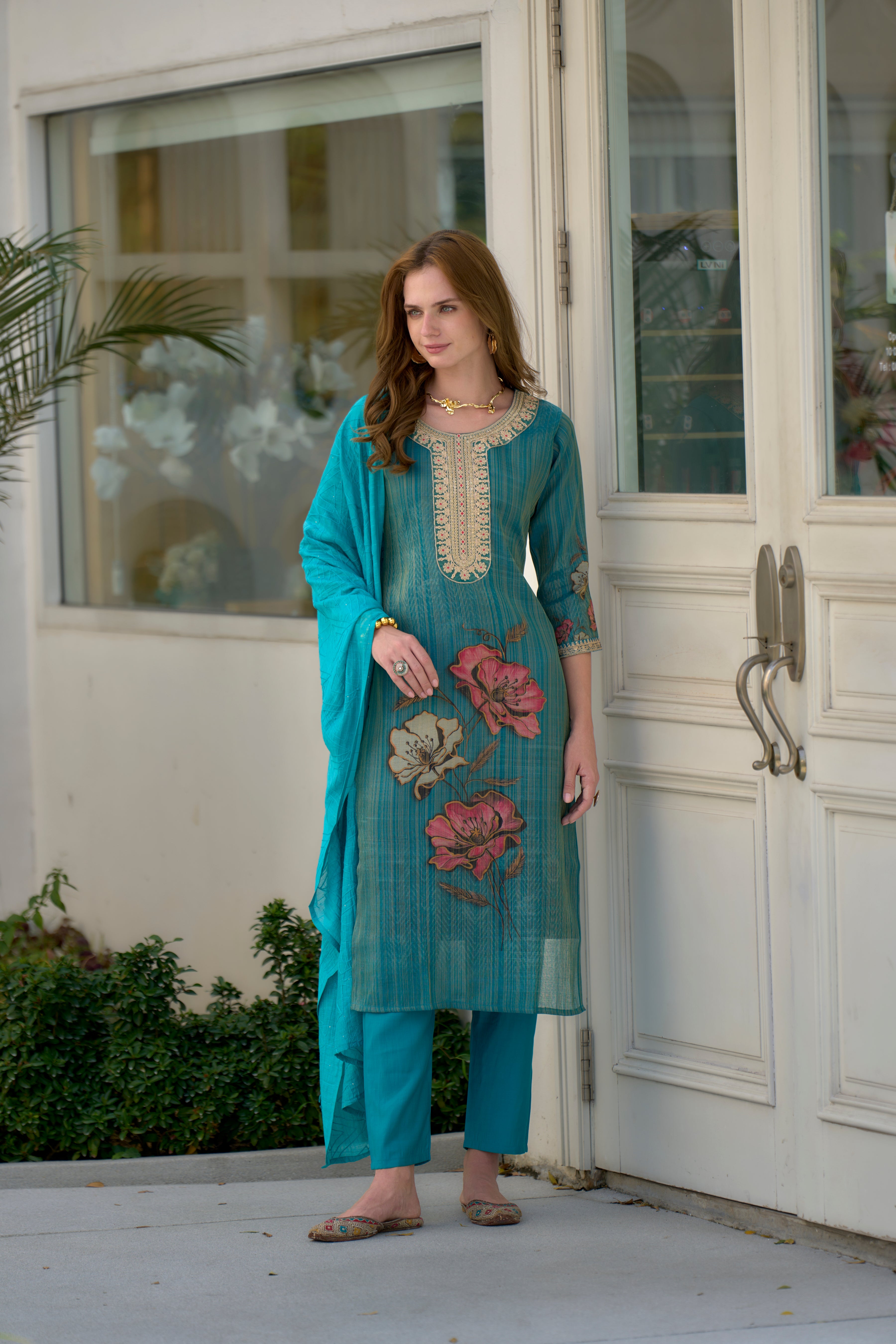 Her Couture Women's Turquoise Blue Tissue Silk Embroidered Straight Kurta With Pant & Printed Dupatta