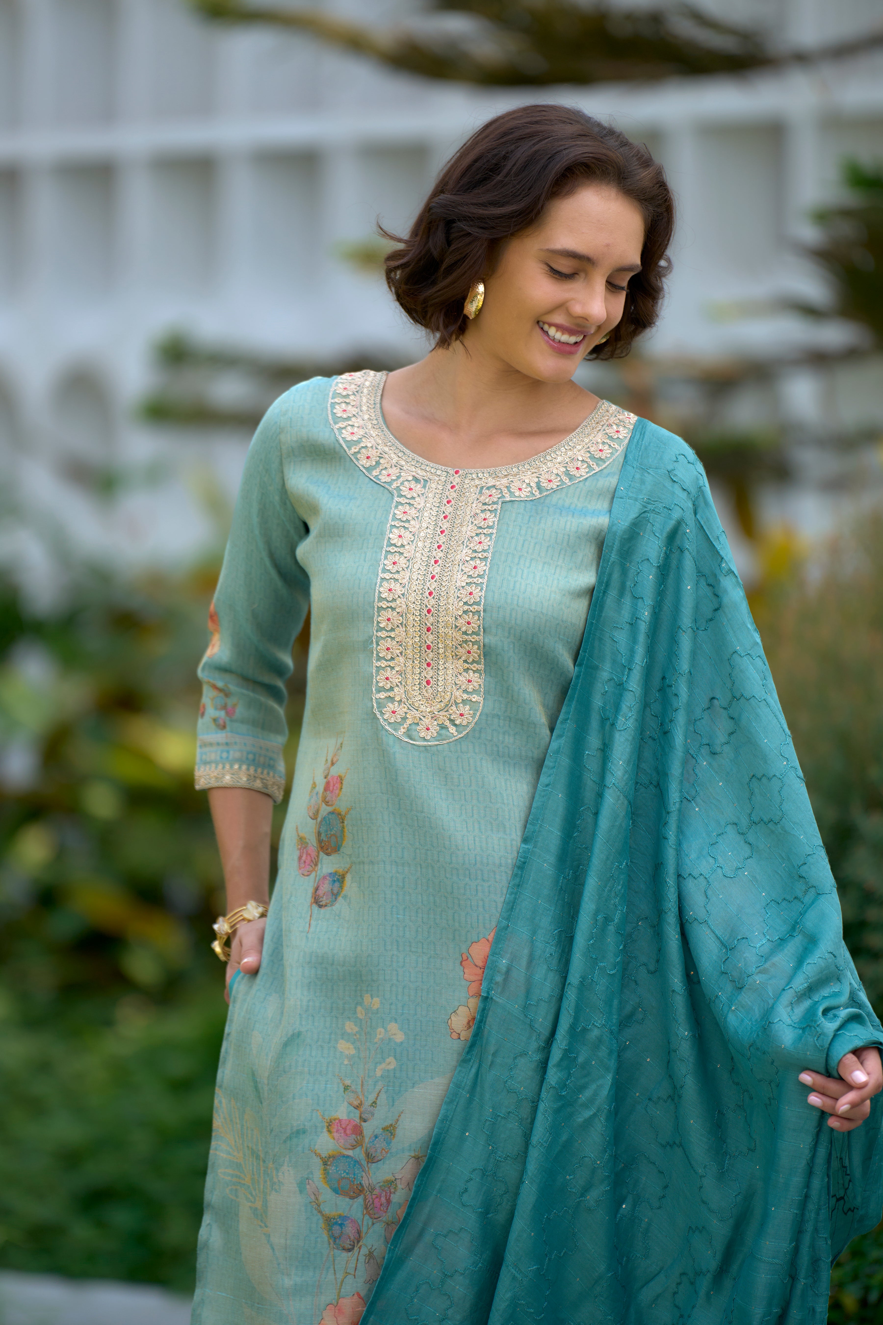 Her Couture Women's Sea Green Tissue Silk Embroidered Straight Kurta With Pant & Printed Dupatta