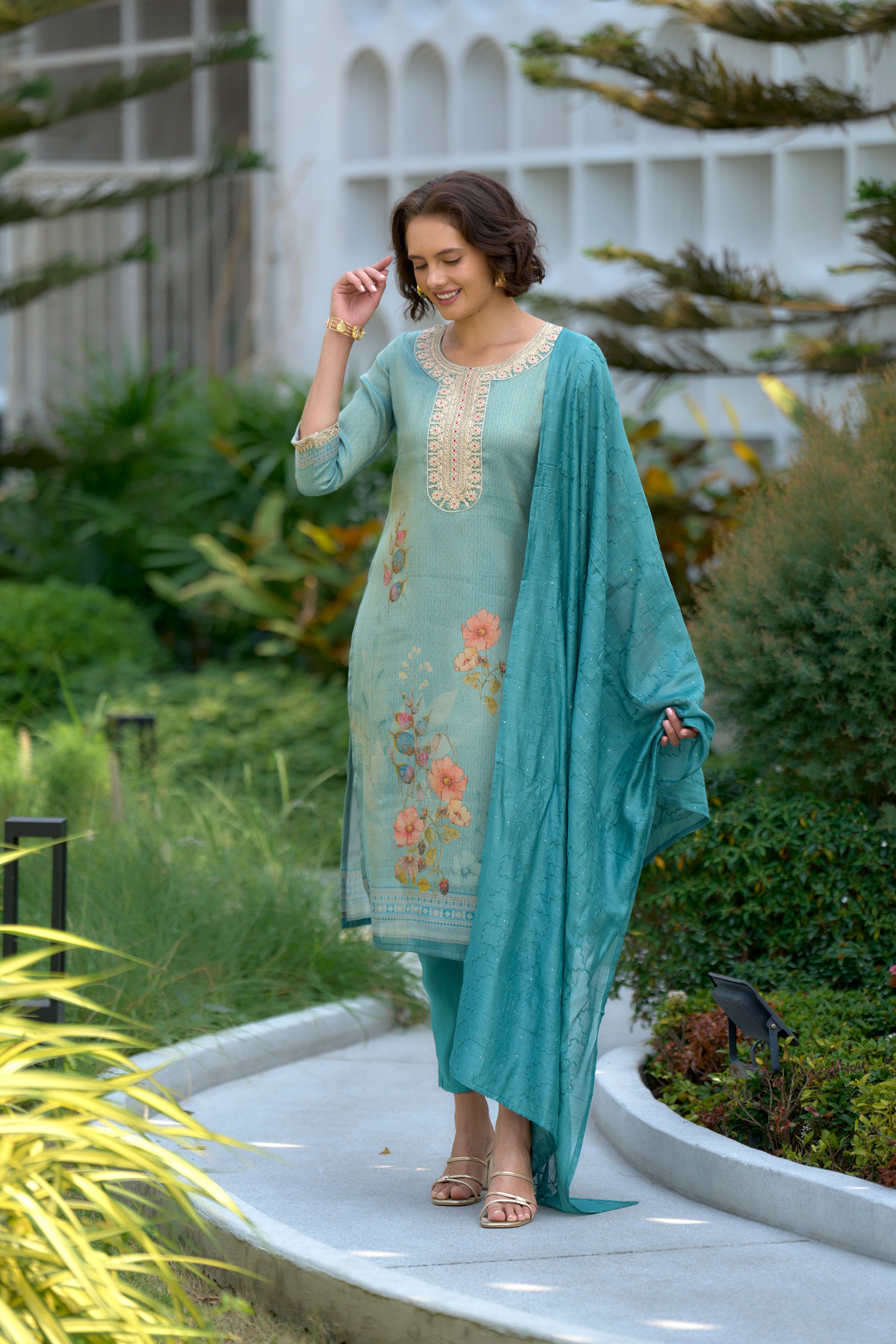 Her Couture Women's Sea Green Tissue Silk Embroidered Straight Kurta With Pant & Printed Dupatta