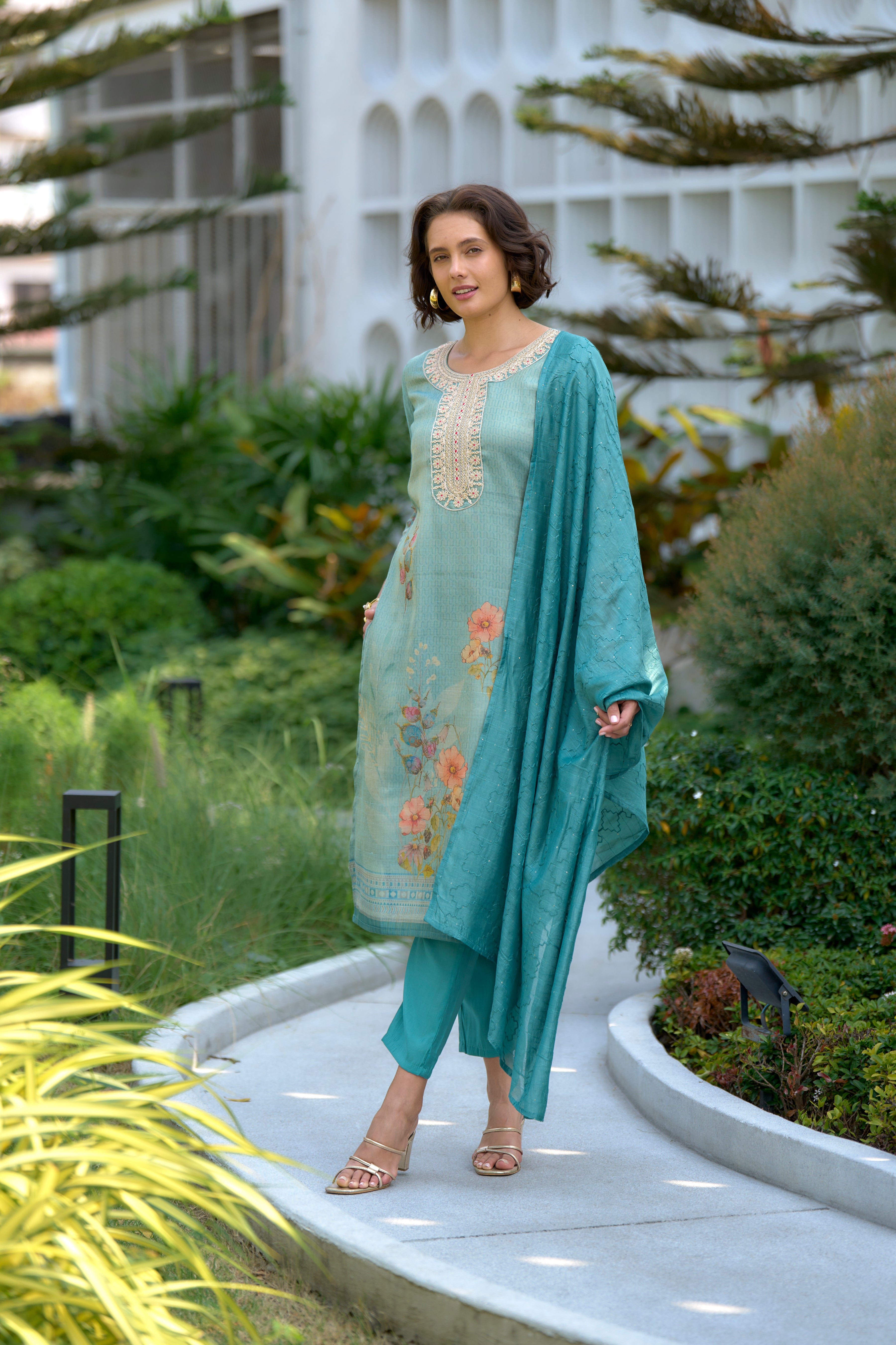 Her Couture Women's Sea Green Tissue Silk Embroidered Straight Kurta With Pant & Printed Dupatta