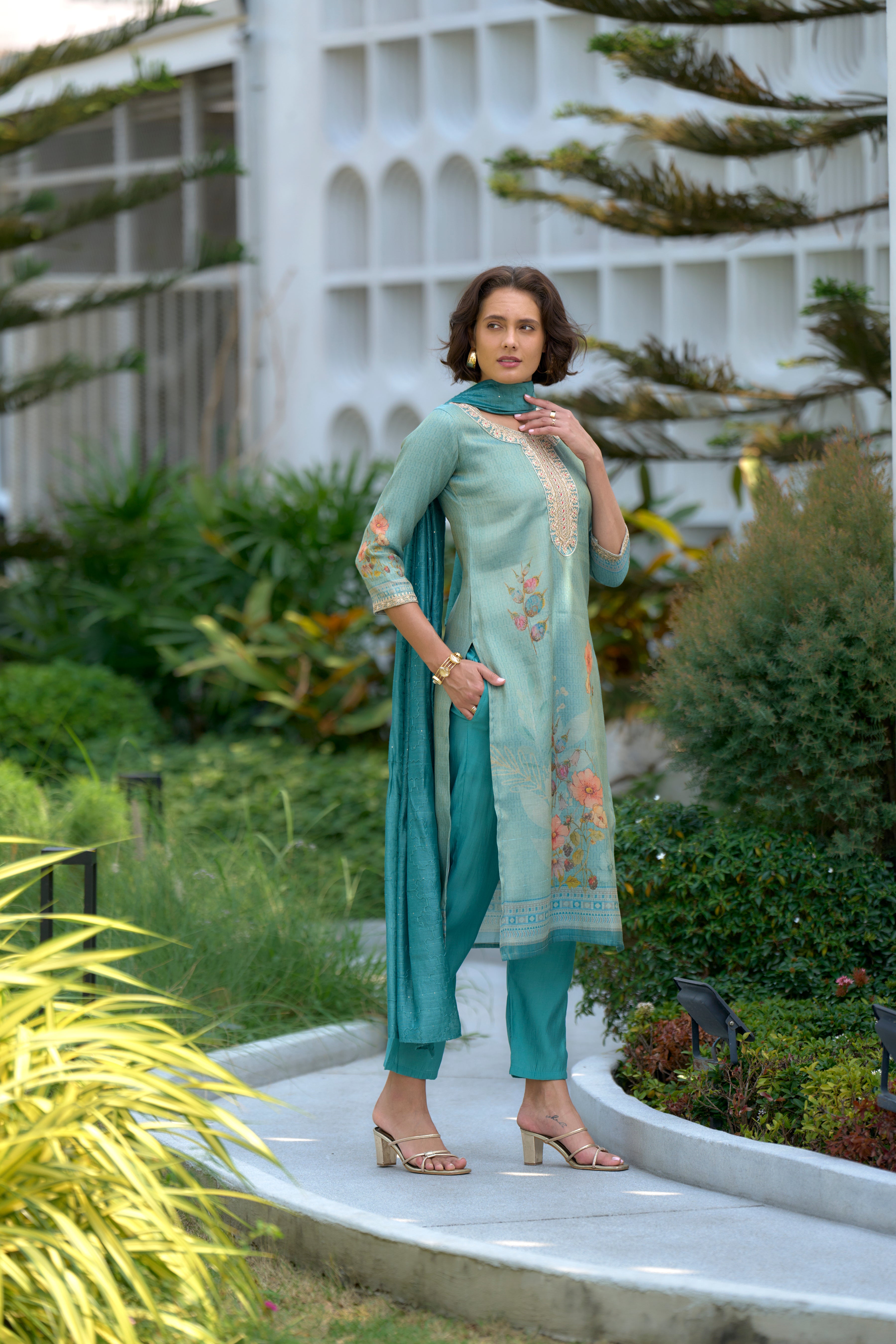 Her Couture Women's Sea Green Tissue Silk Embroidered Straight Kurta With Pant & Printed Dupatta