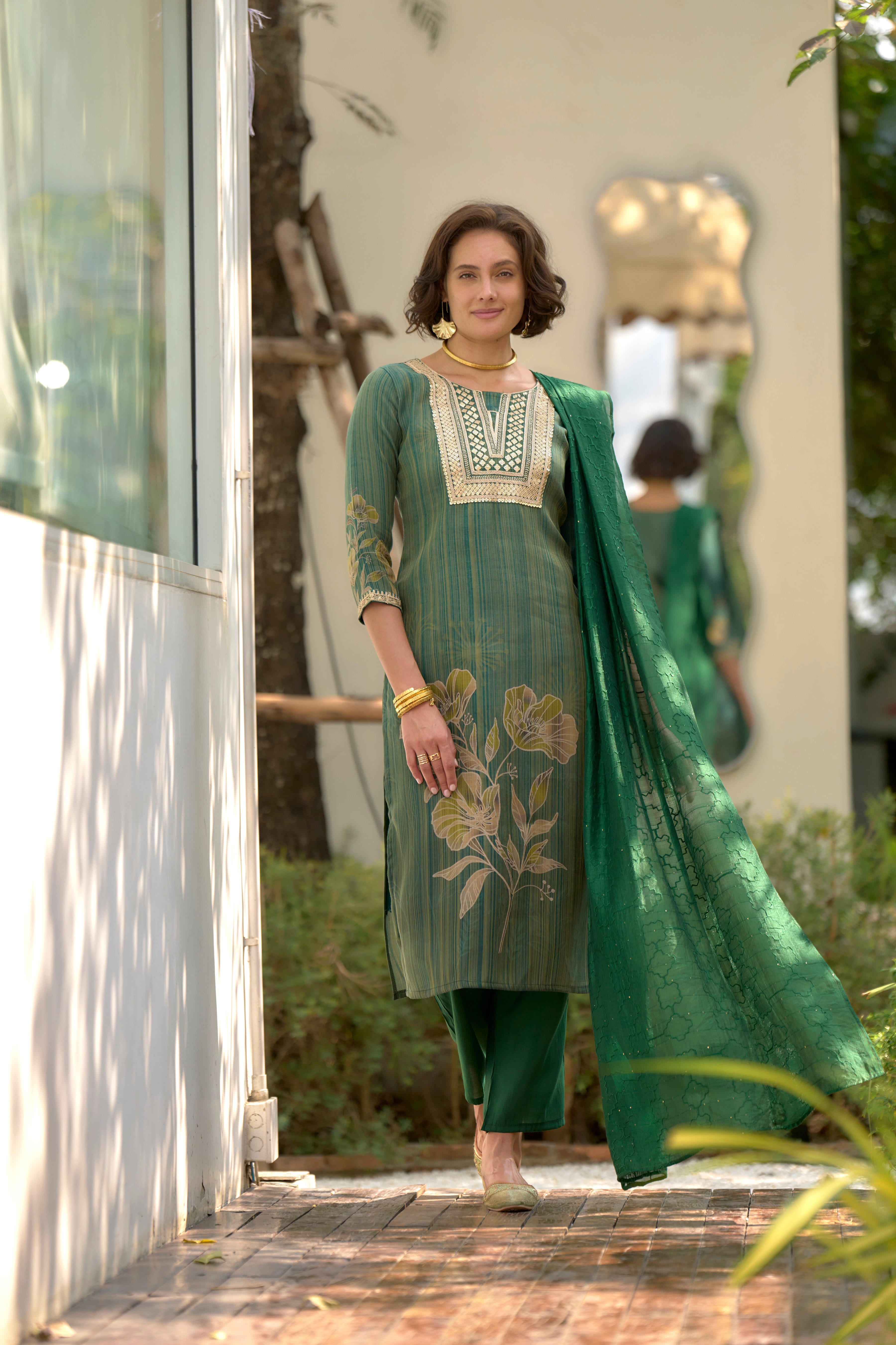 Green Tissue Silk Straight Festive & Party Kurta Set by Her Couture