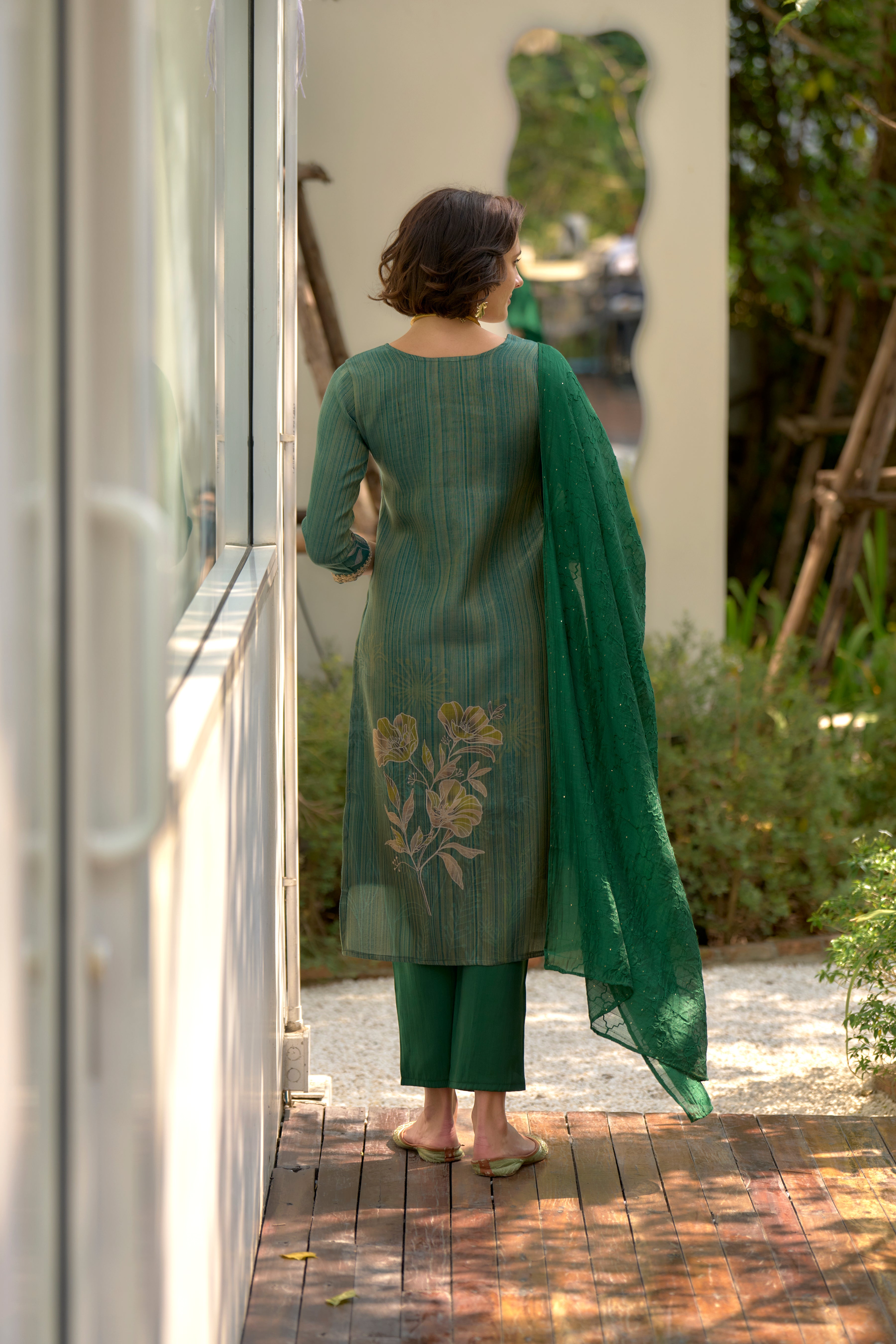 Her Couture Women's Green Tissue Silk Embroidered Straight Kurta With Pant & Printed Dupatta
