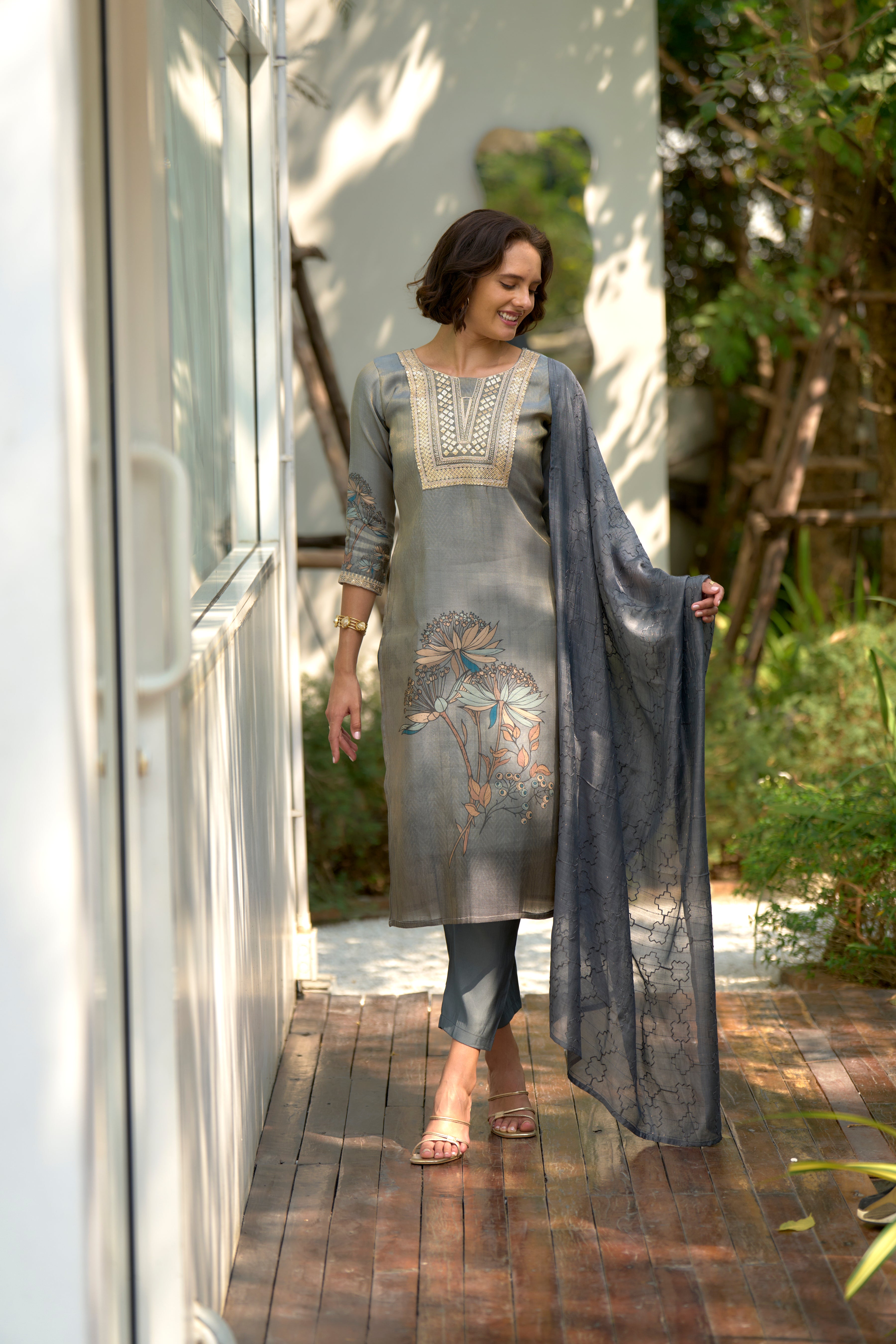 Grey Tissue Silk Straight Festive & Party Kurta Set by Her Couture