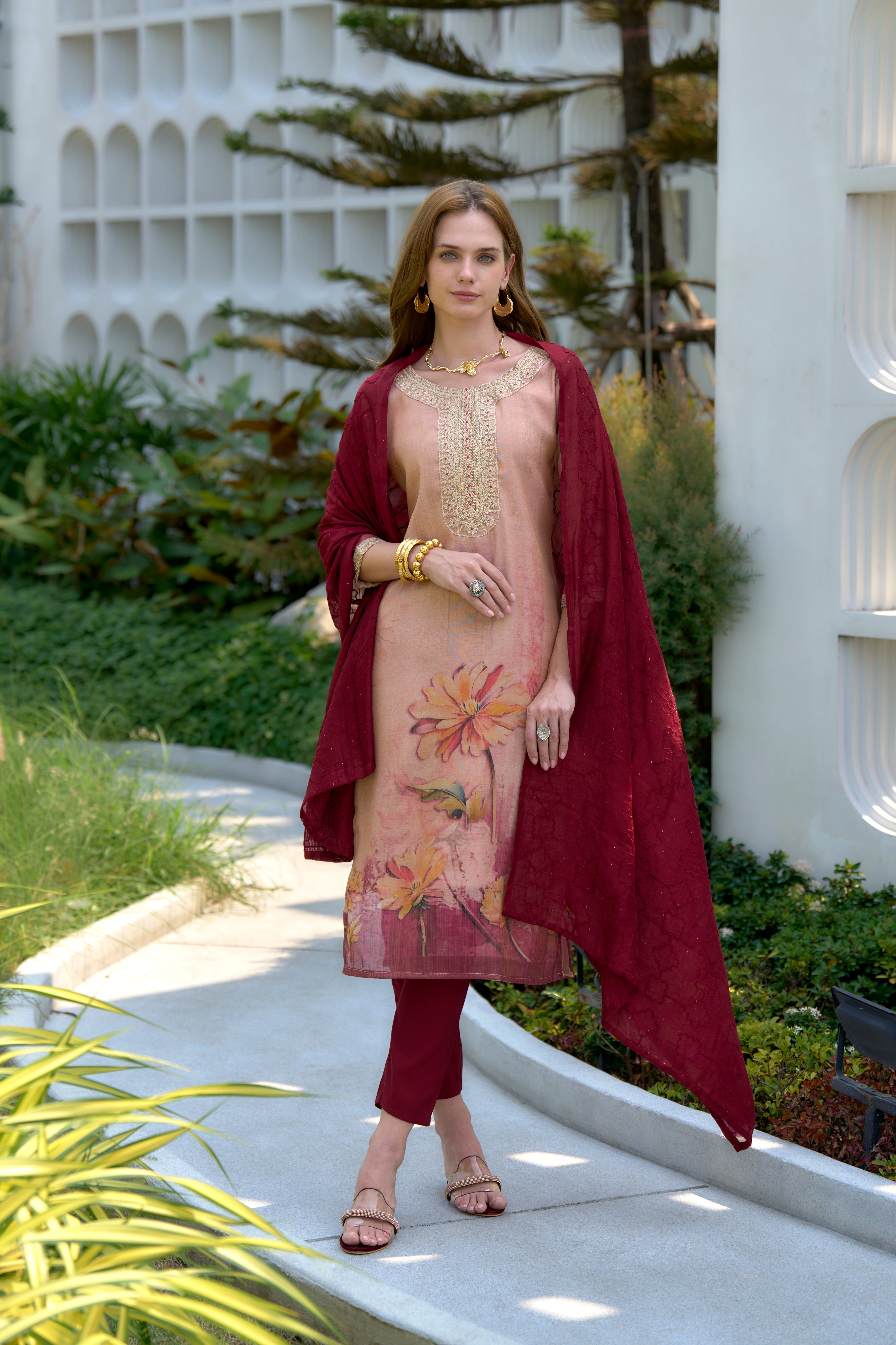 Peach Tissue Silk Straight Festive & Party Kurta Set by Her Couture