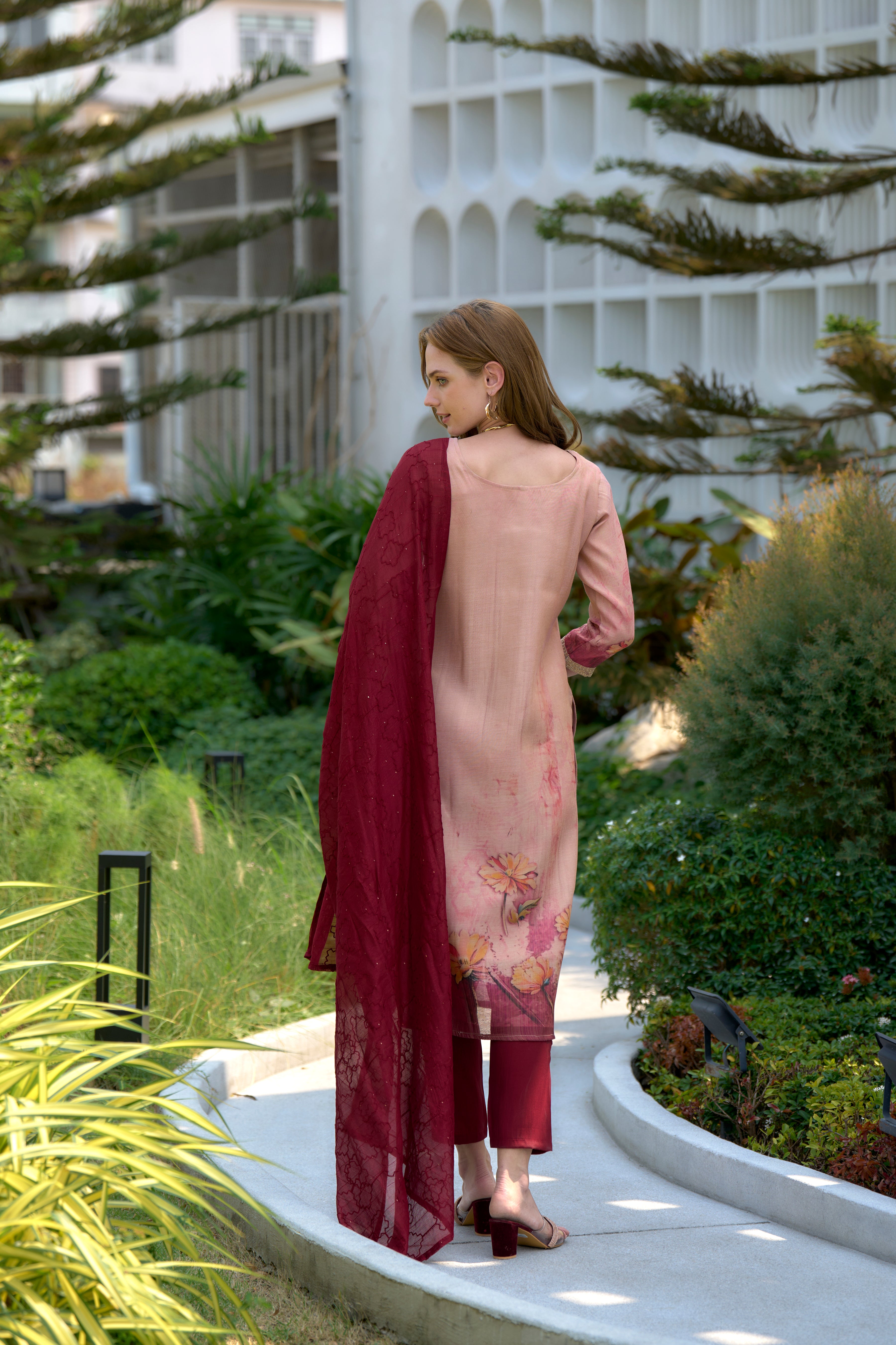 Her Couture Women's Peach Tissue Silk Embroidered Straight Kurta With Pant & Printed Dupatta