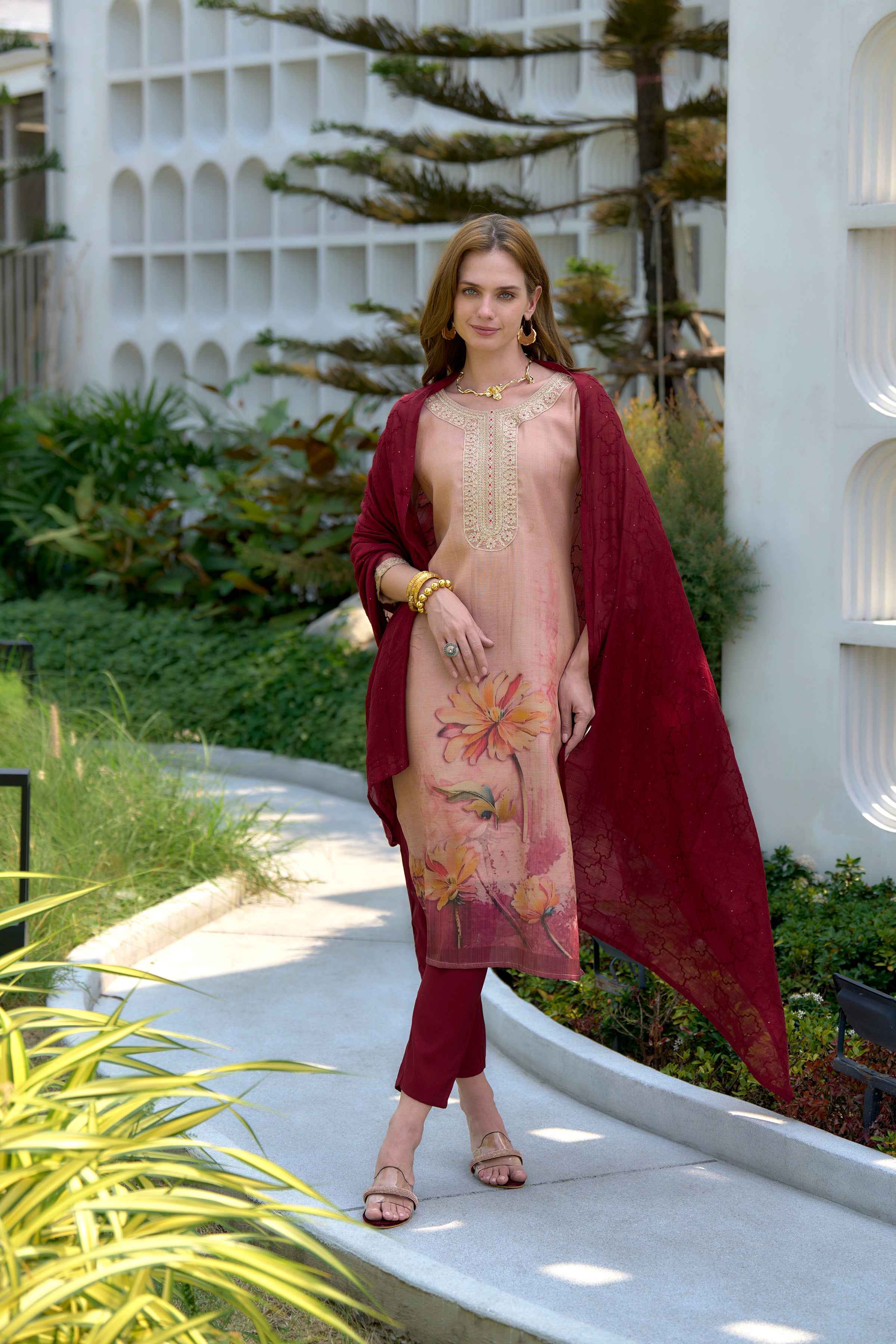 Her Couture Women's Peach Tissue Silk Embroidered Straight Kurta With Pant & Printed Dupatta