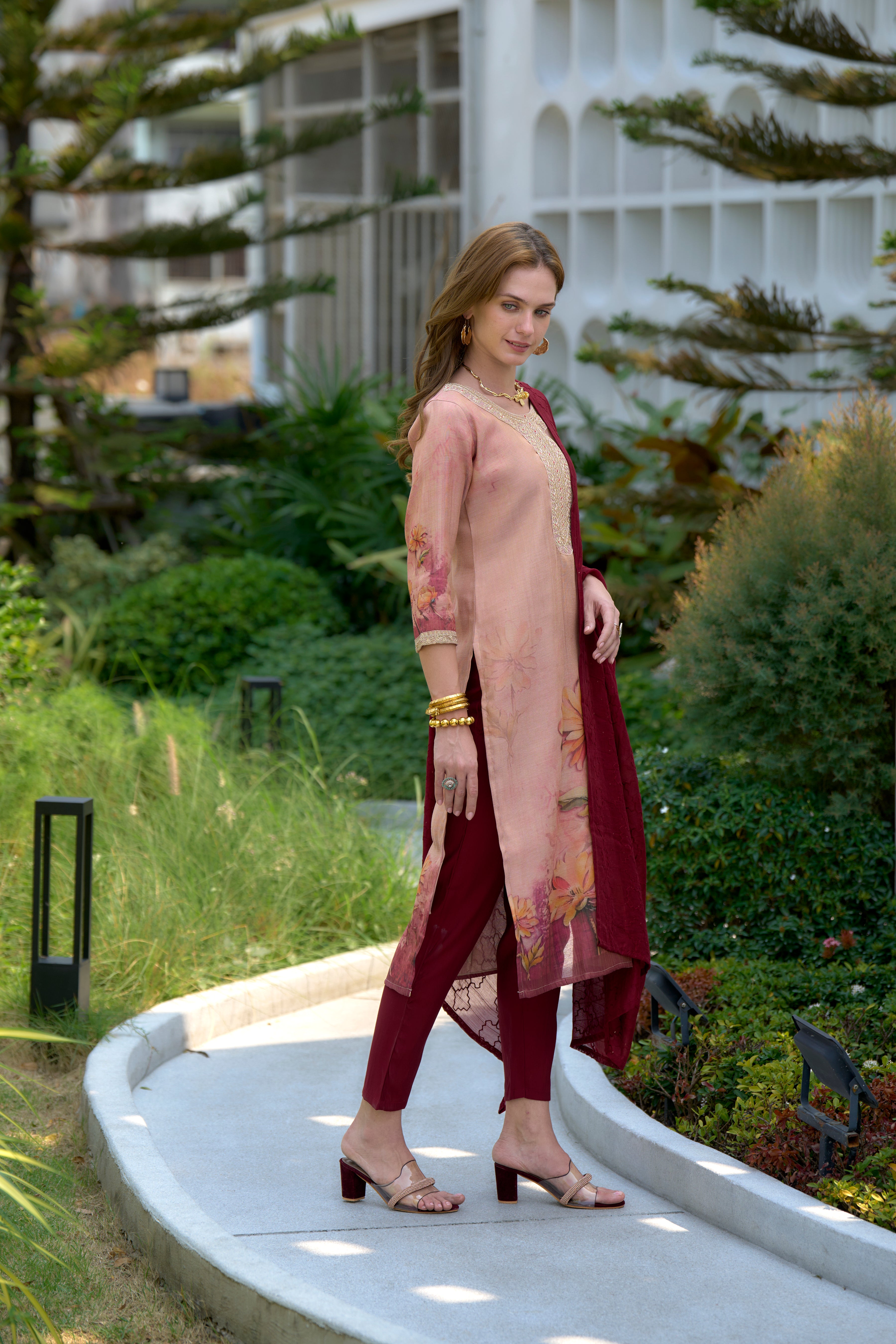 Her Couture Women's Peach Tissue Silk Embroidered Straight Kurta With Pant & Printed Dupatta