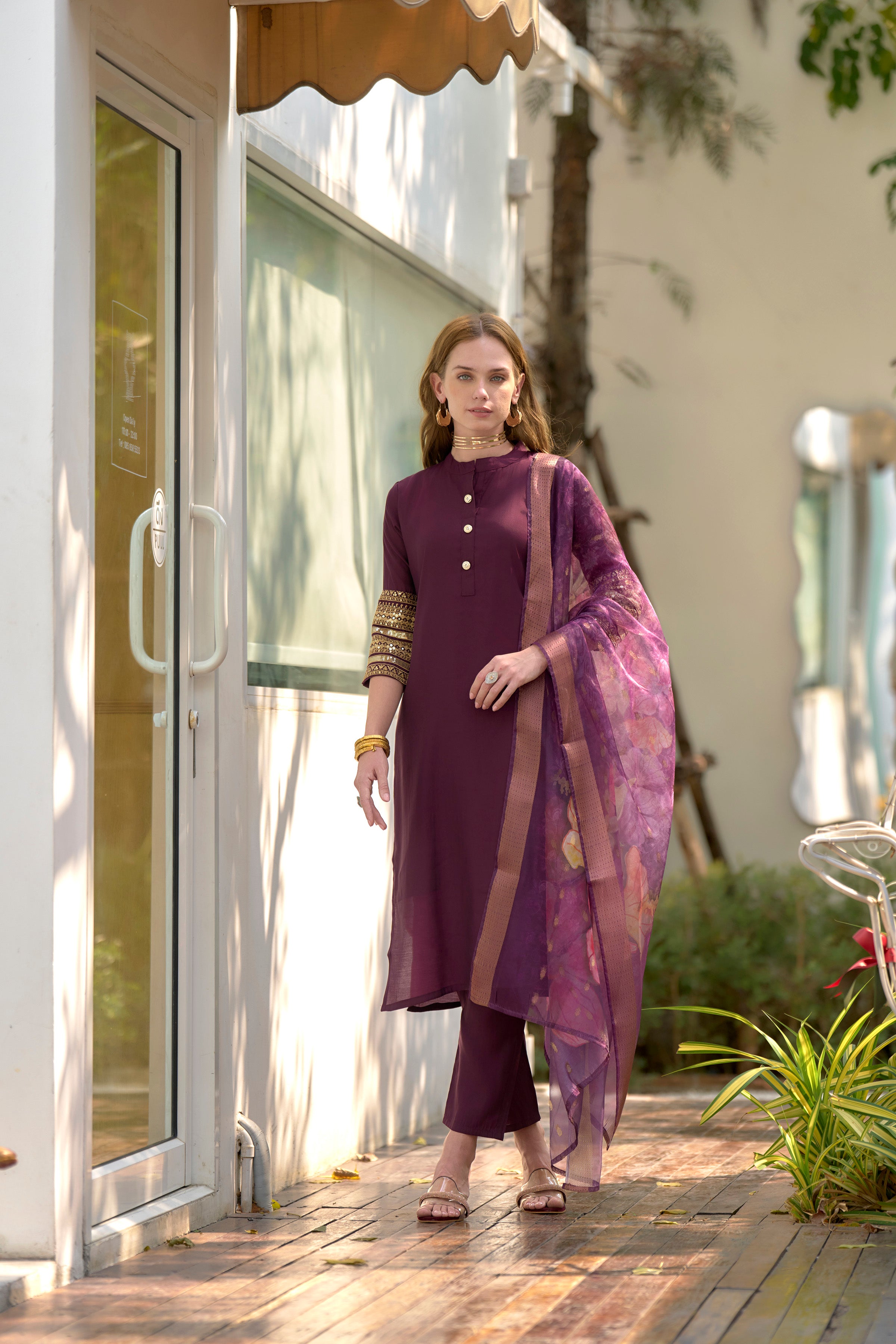 Wine Roman Silk Straight Festive & Party Kurta Set by Her Couture