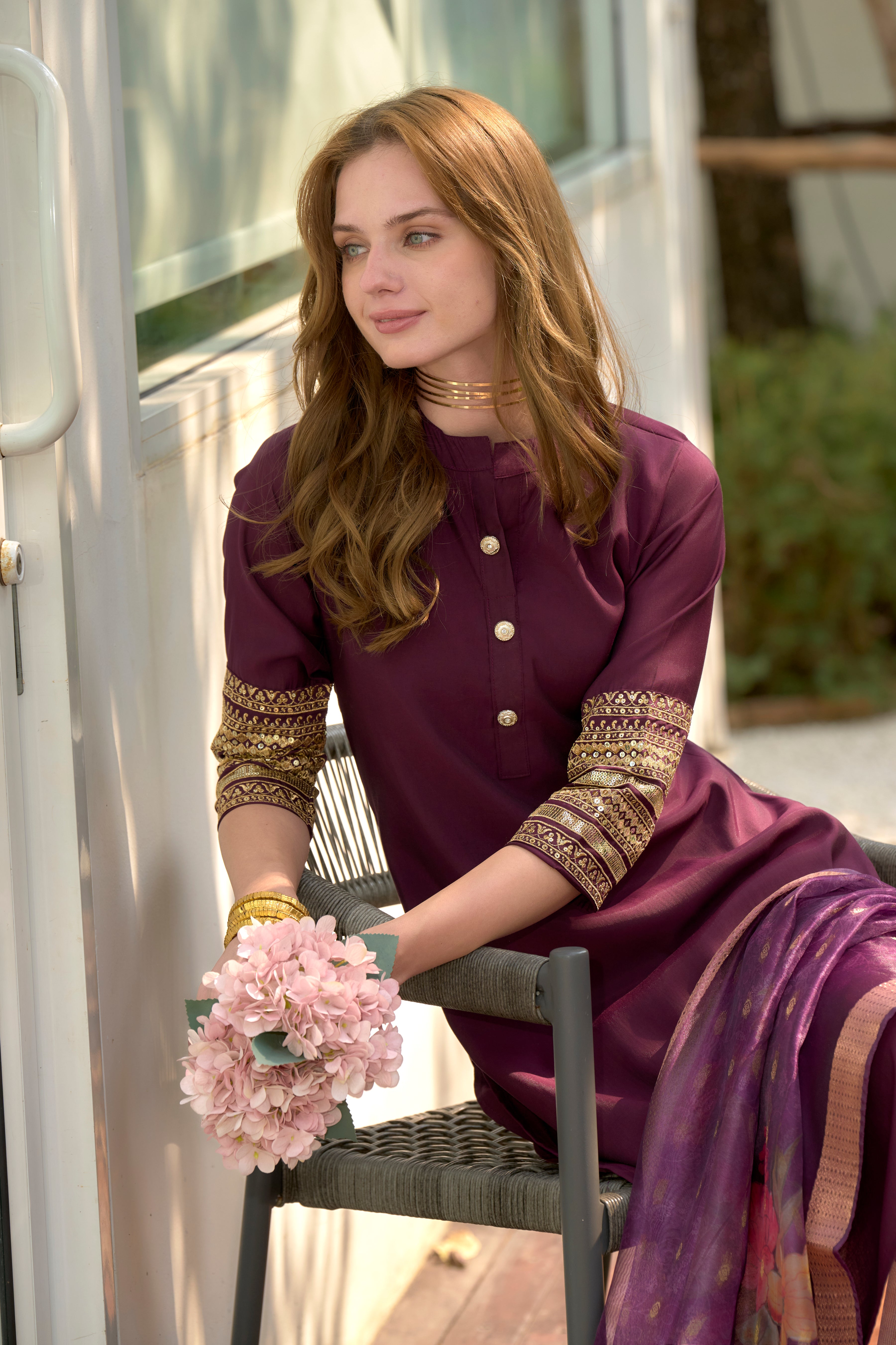 Her Couture Women's Wine Roman Silk Embroidered Straight Kurta With Pant & Printed Dupatta