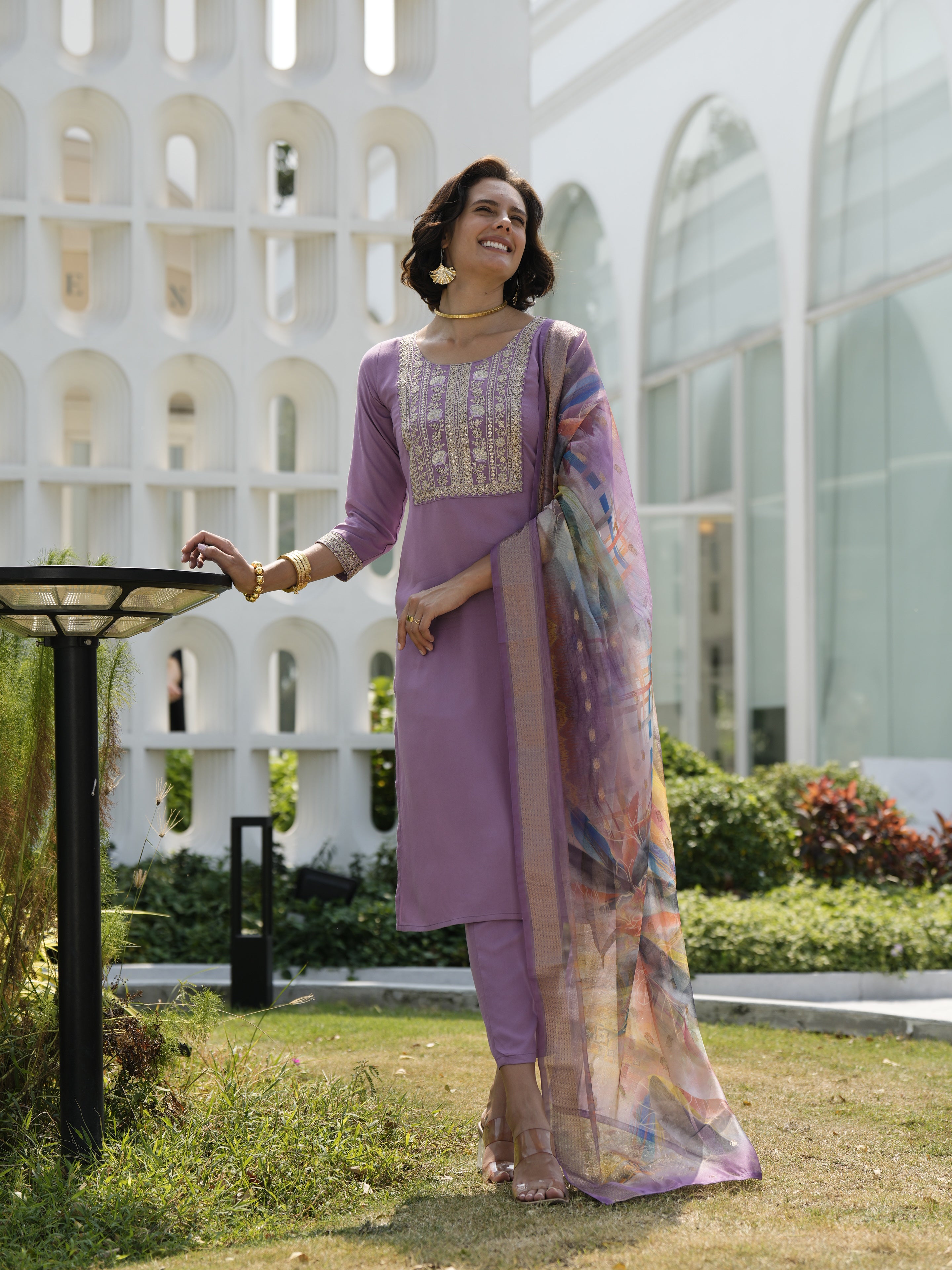 Lavender Viscos Rayon Straight Festive & Party Kurta Set by Her Couture
