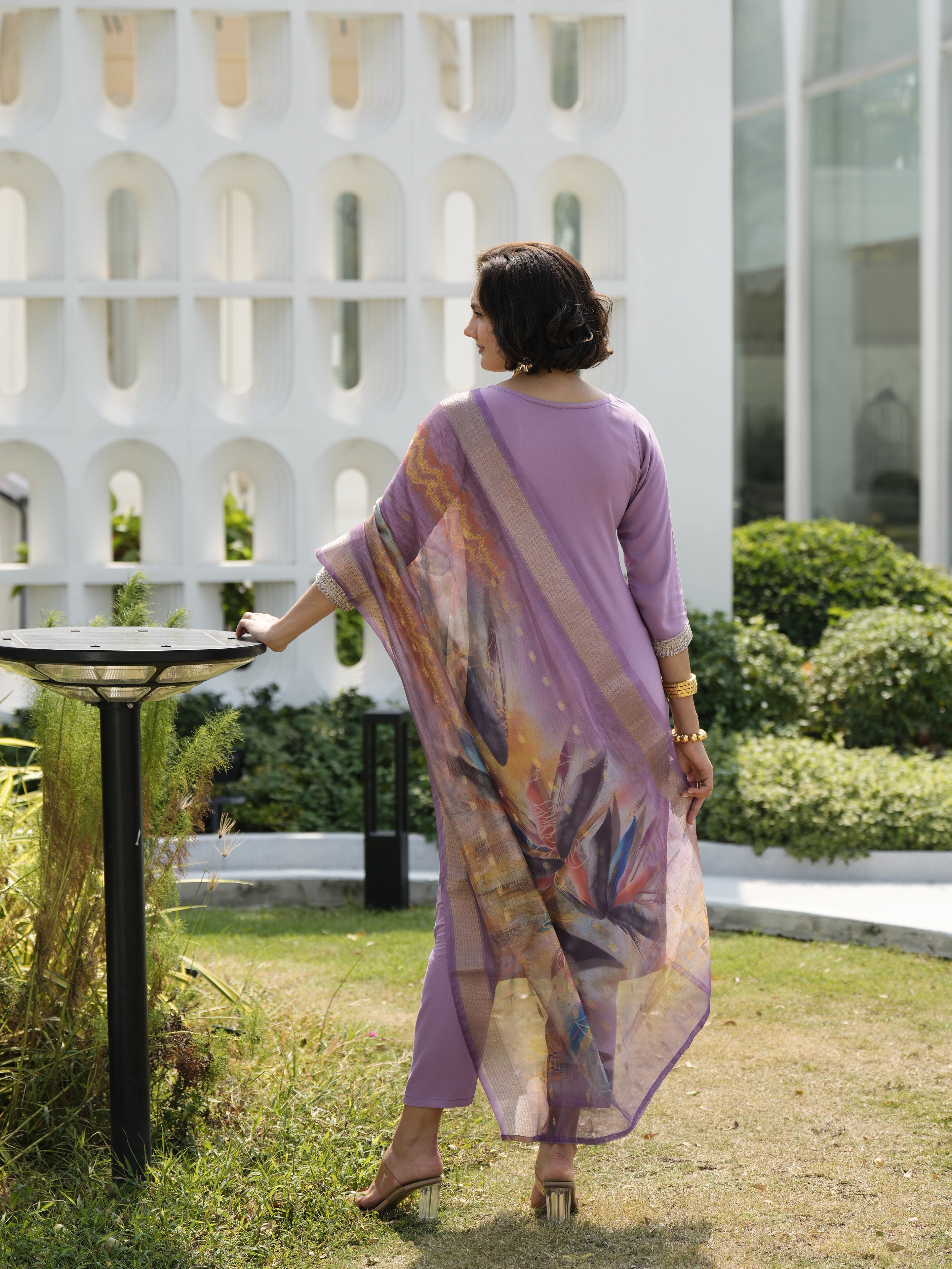Her Couture Women's Lavender Viscos Rayon Embroidered Straight Kurta With Pant & Printed Dupatta