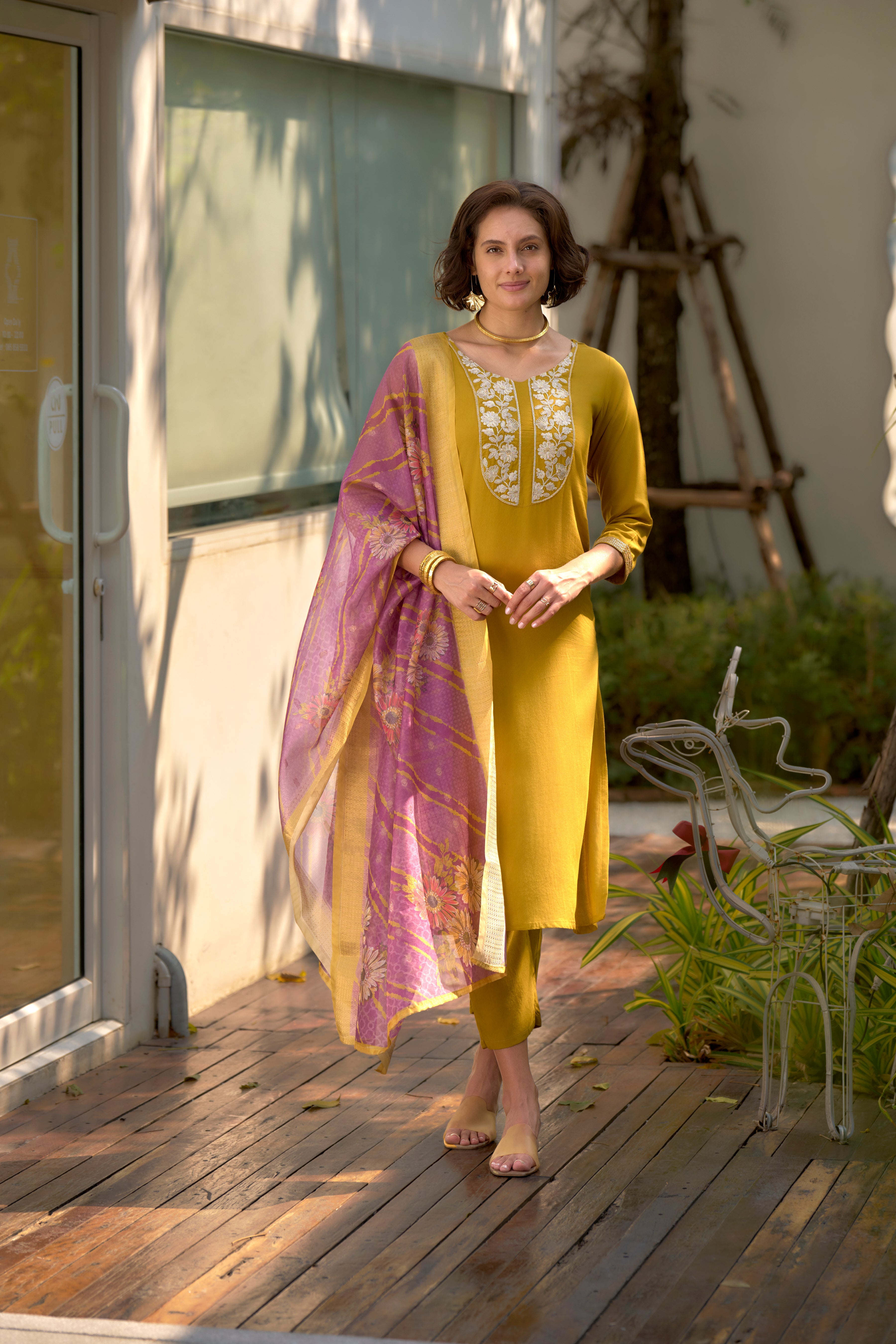 Mustard Viscos Rayon Straight Festive & Party Kurta Set by Her Couture