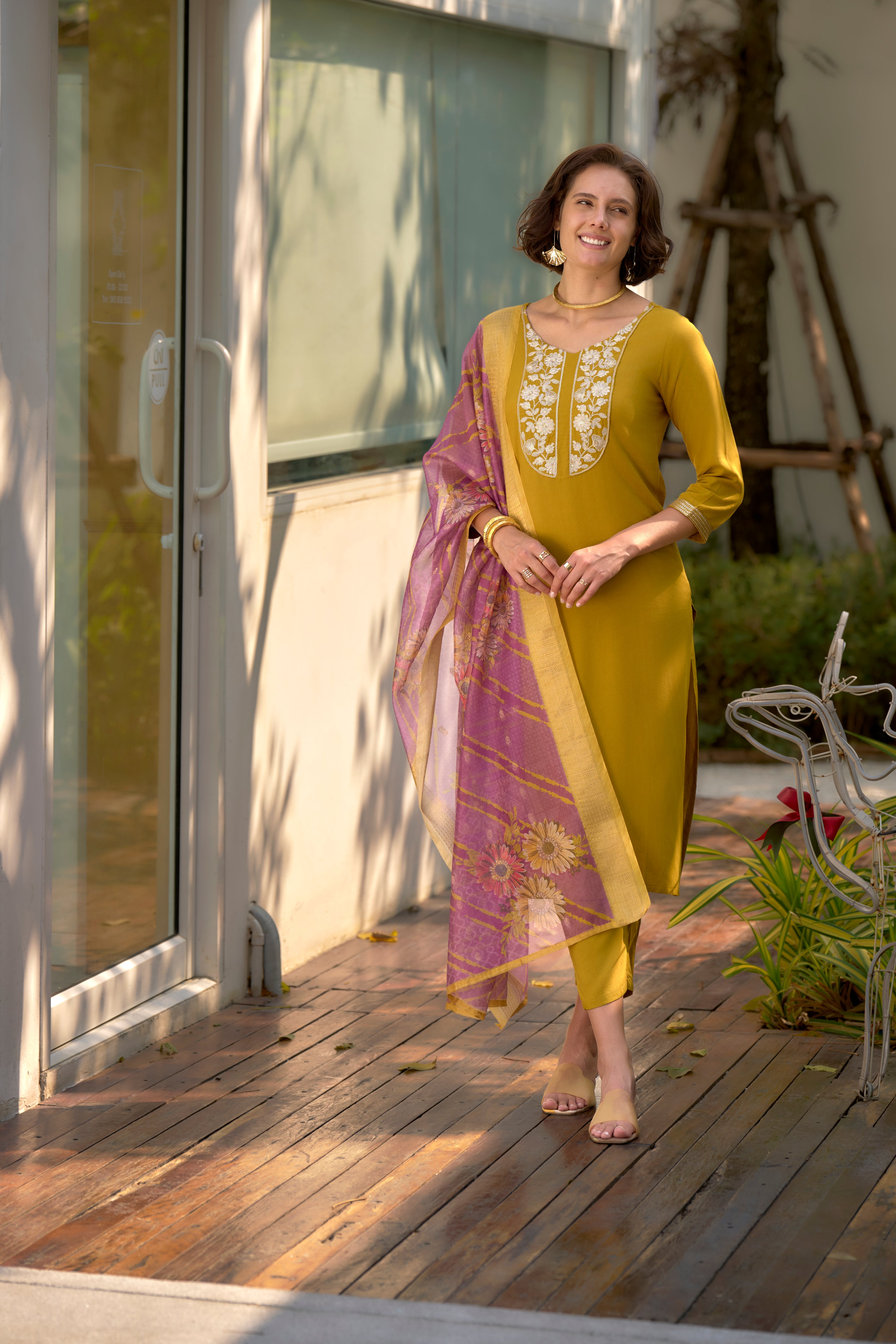 Her Couture Women's Mustard Viscos Rayon Embroidered Straight Kurta With Pant & Printed Dupatta
