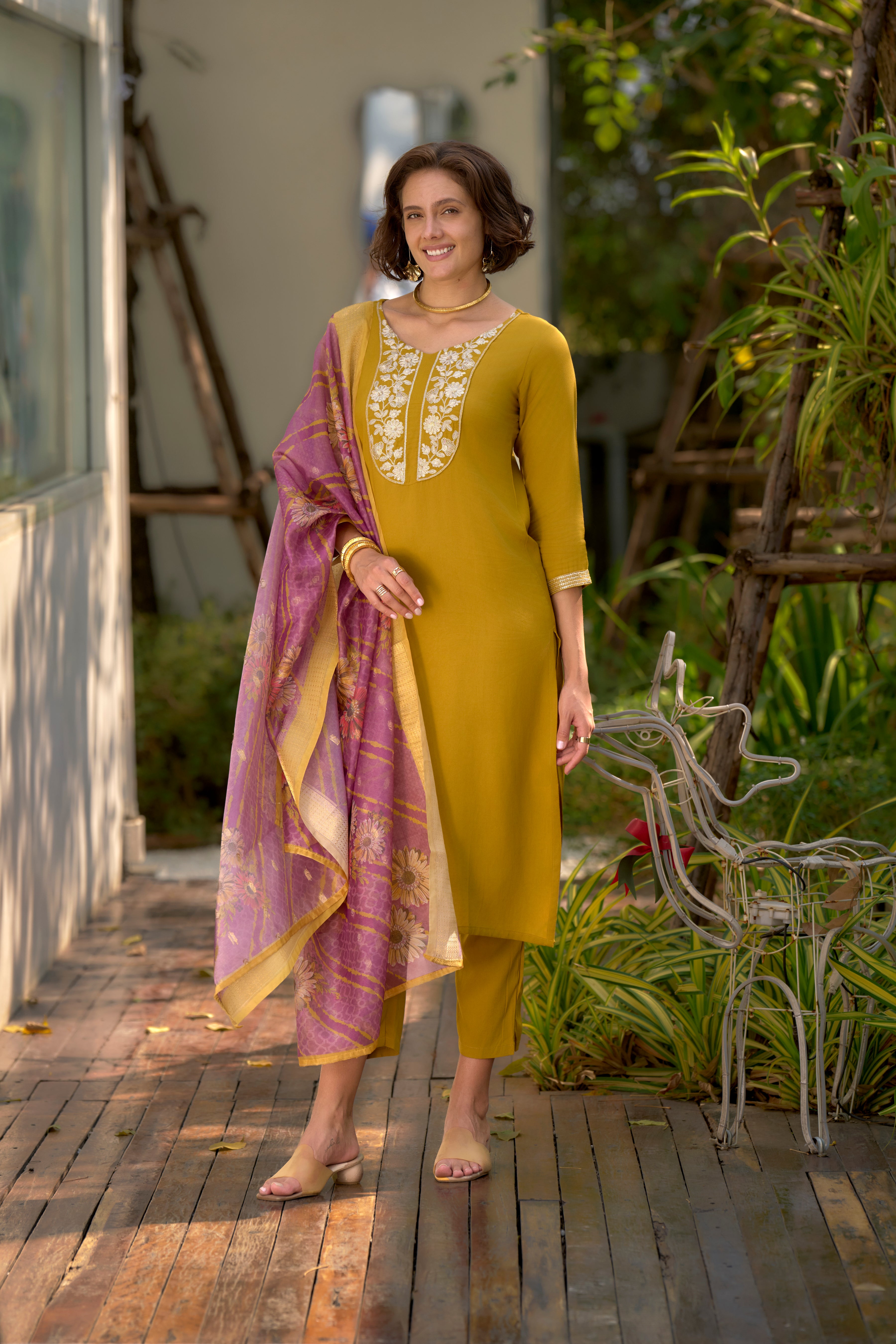 Her Couture Women's Mustard Viscos Rayon Embroidered Straight Kurta With Pant & Printed Dupatta