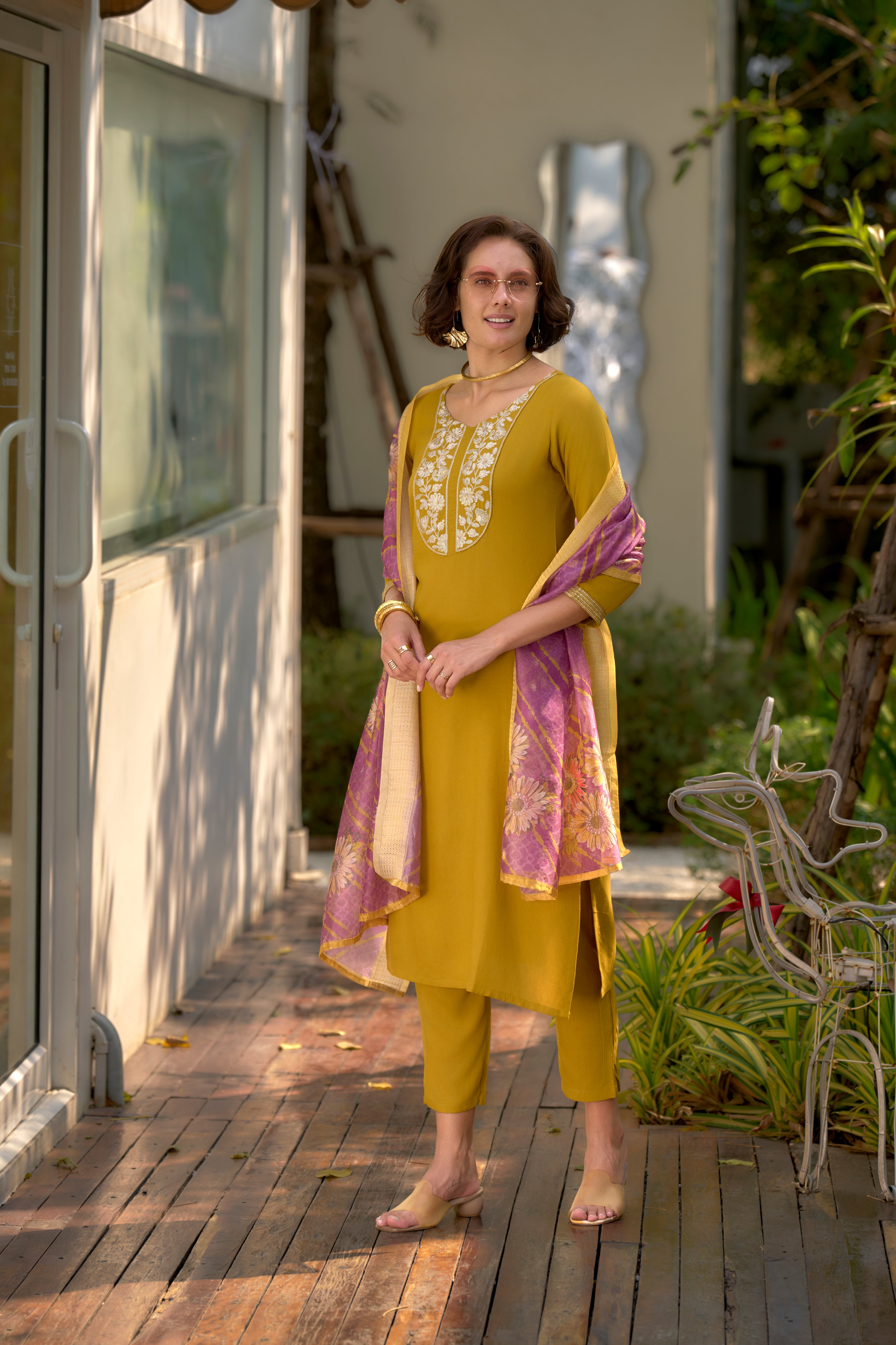 Her Couture Women's Mustard Viscos Rayon Embroidered Straight Kurta With Pant & Printed Dupatta
