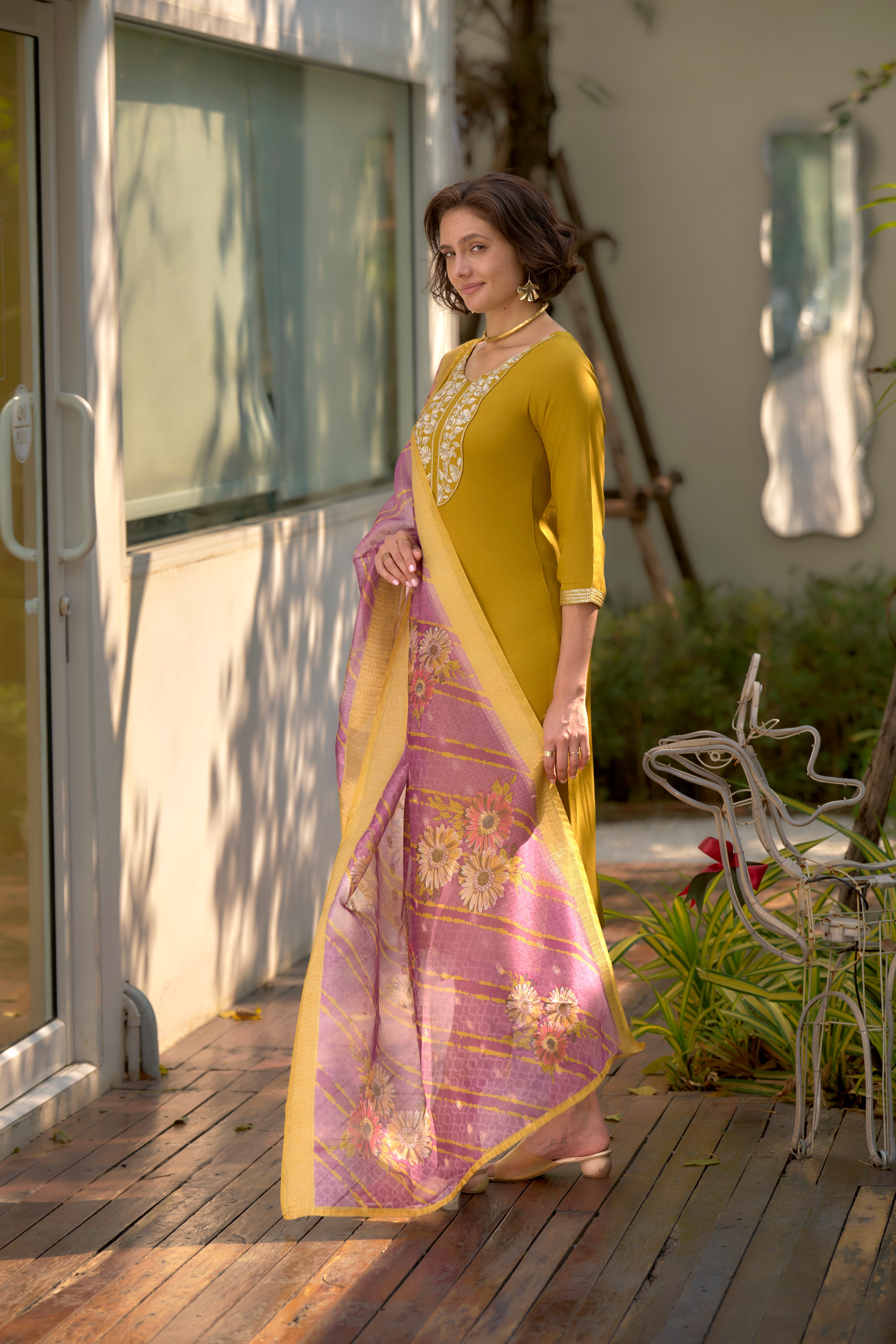 Her Couture Women's Mustard Viscos Rayon Embroidered Straight Kurta With Pant & Printed Dupatta