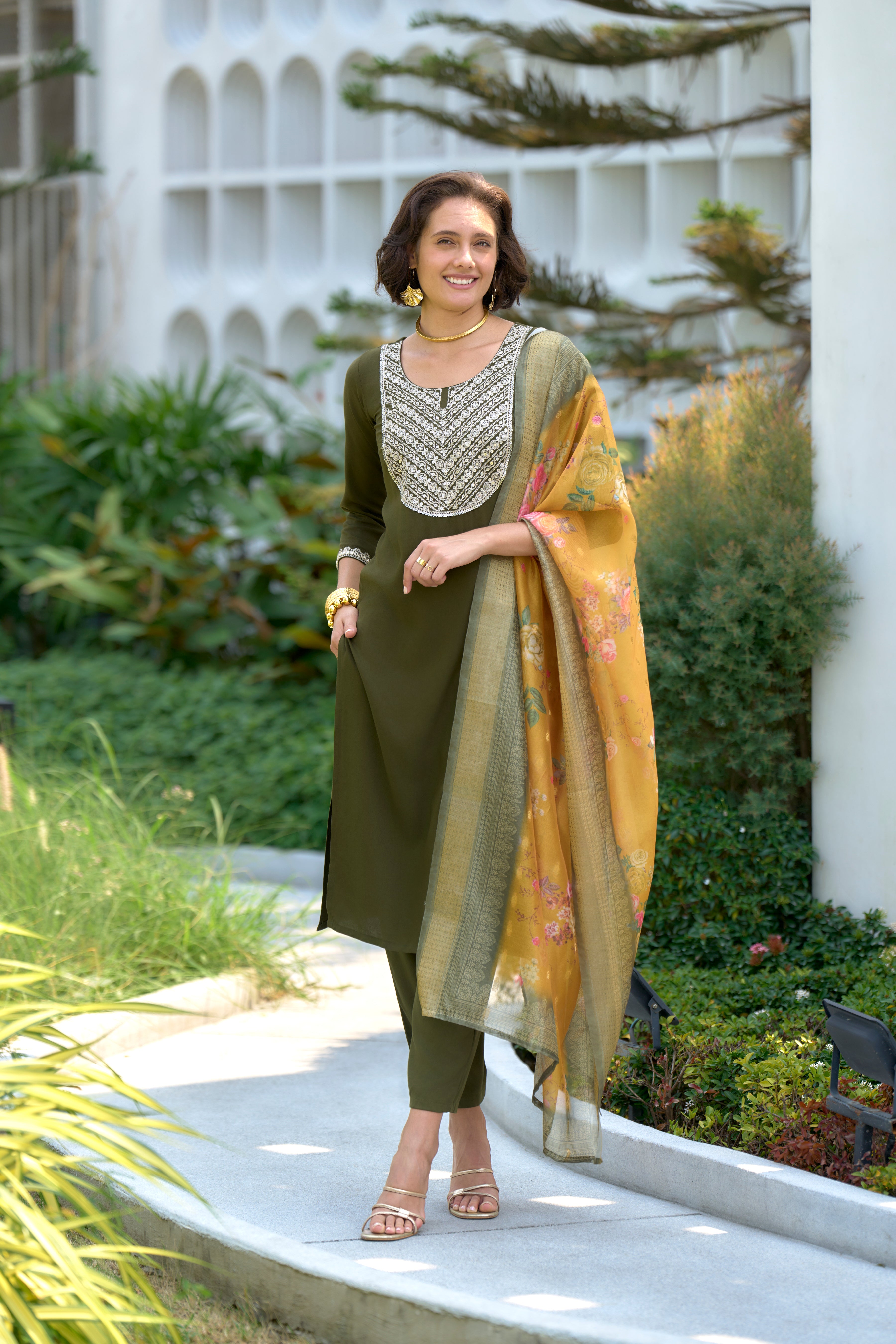 Dark Green Viscos Rayon Straight Festive & Party Kurta Set by Her Couture